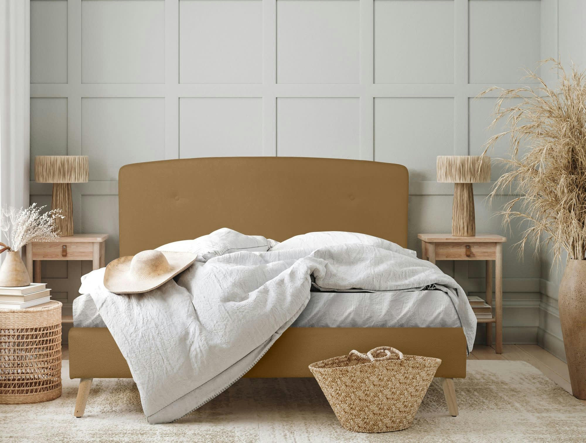 TARA - Lit avec matelas 2 places  en tissu ocre 160x200