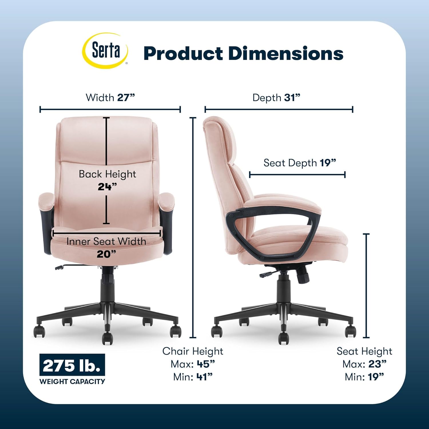 Serta Comfort Ergo Executive Office Chair, Ergonomic Mid-Back Design with Lumbar Support, Semi-Plush Double-Layer Seat Cushion, Padded Armrests, Swivel Metal Base, Soft Velvet, Pink