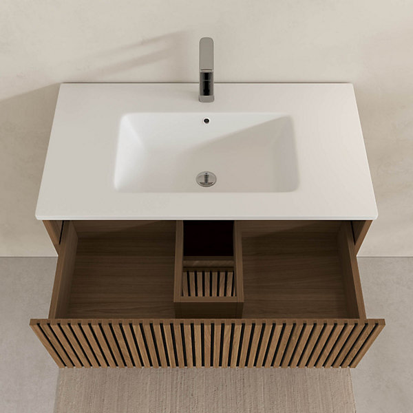 Meuble Salle de Bains YUKI 80 - 2 Tiroirs Décor Chêne et Noir - Vasque Blanche - Miroir LED 70