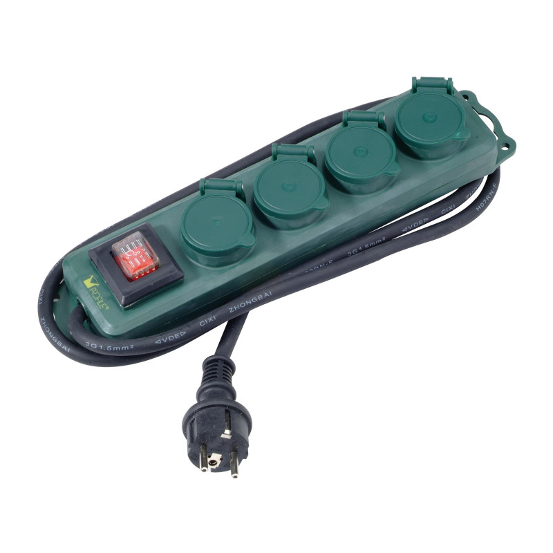 Multiprise 4 prises pour extérieur avec interrupteur vert 1,5 m PROFILE