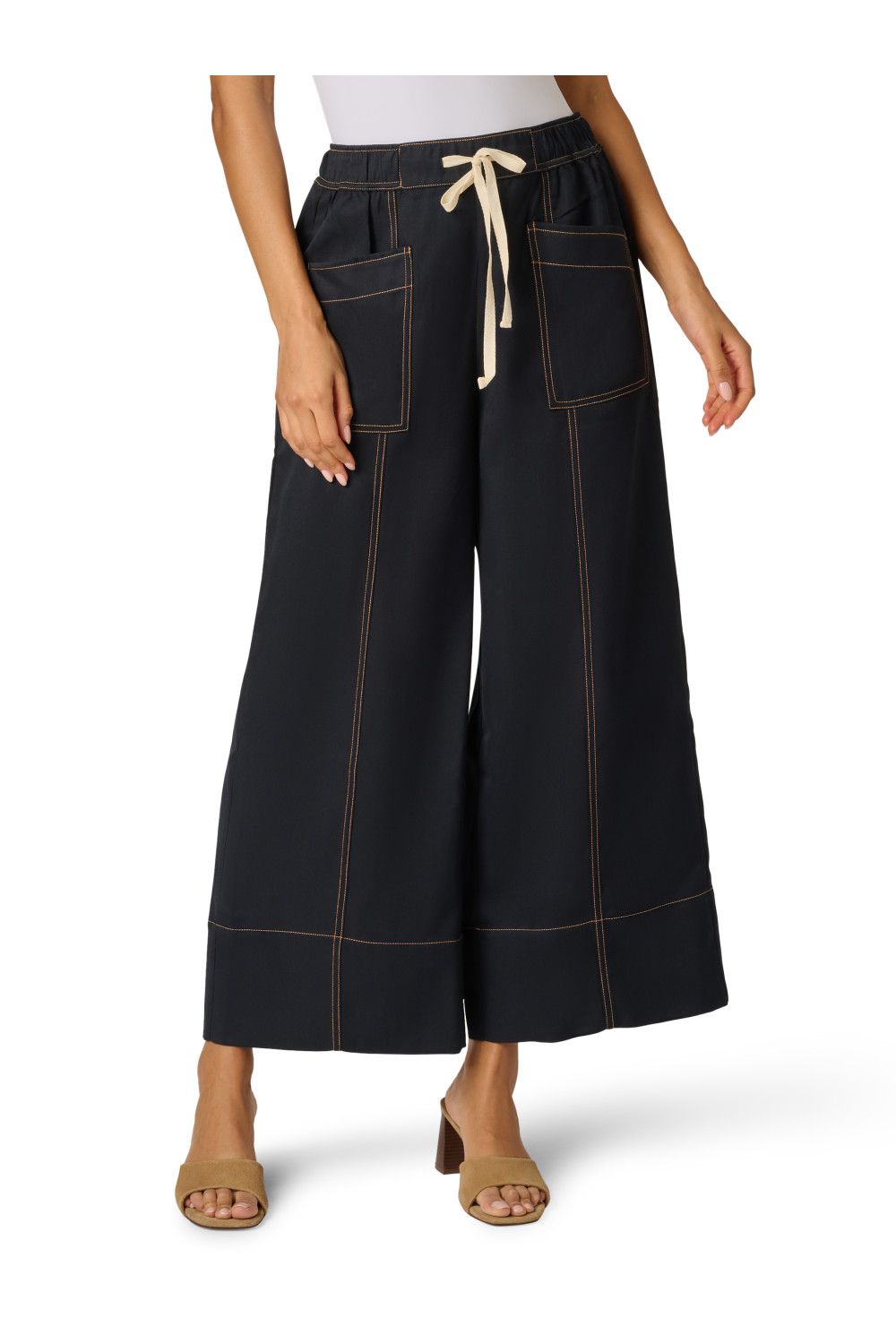 Adrianna Papell Drawstring Tie Contrast Stitch Detail Wide Leg Pull On Trousers