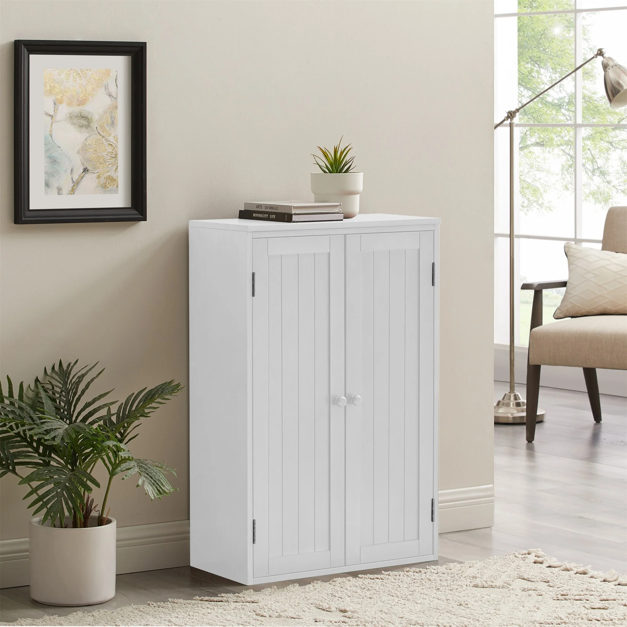 Bathroom Storage Cabinet Freestanding Wooden Floor Cabinet with Adjustable Shelf and Double Door