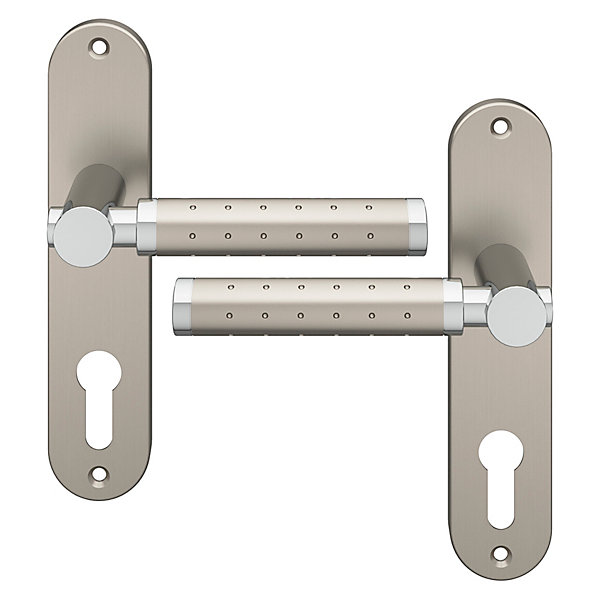 Ensemble poignée sur plaque rondcylindre GoodHome Brigg effet chrome et nickel satin gris L.132mm x l.40mm entraxe 165mm