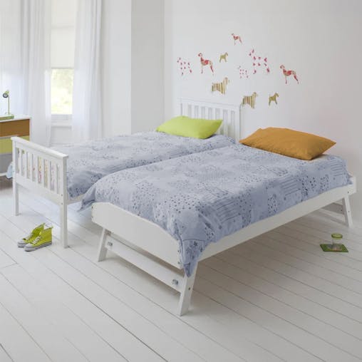 NNEMB Wooden Single Bed Frame w/ Pop Up Trundle, for Kids Bedroom, White