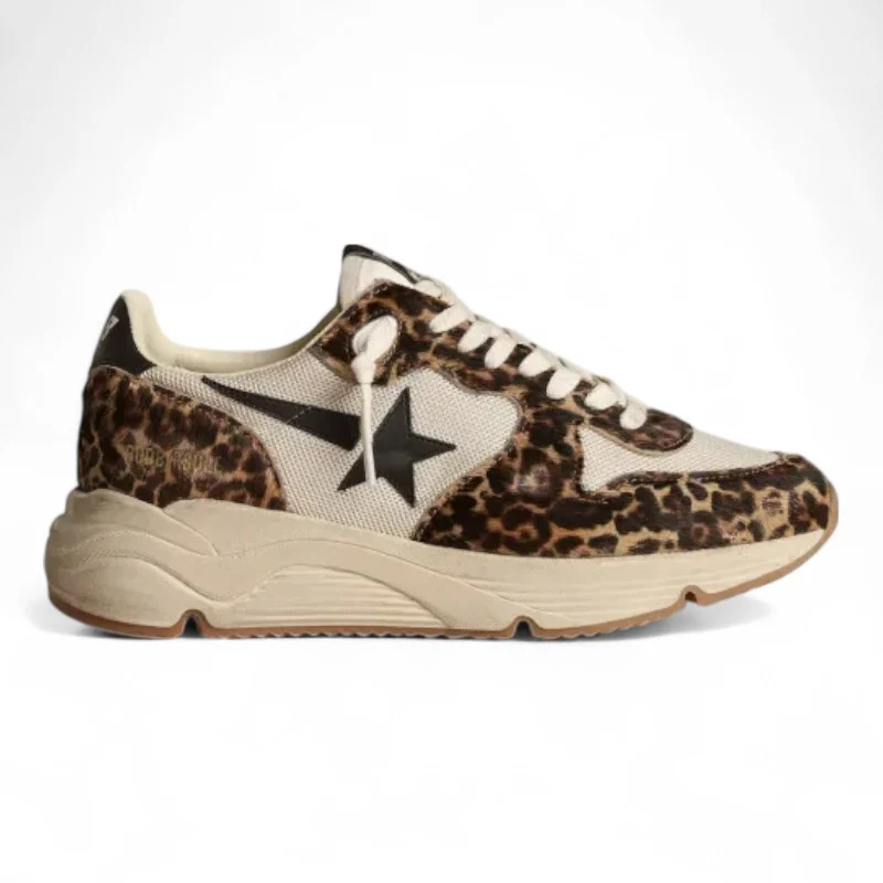 Running Sole sneakers in cream-colored mesh with leopard-print pony skin inserts and black leather s