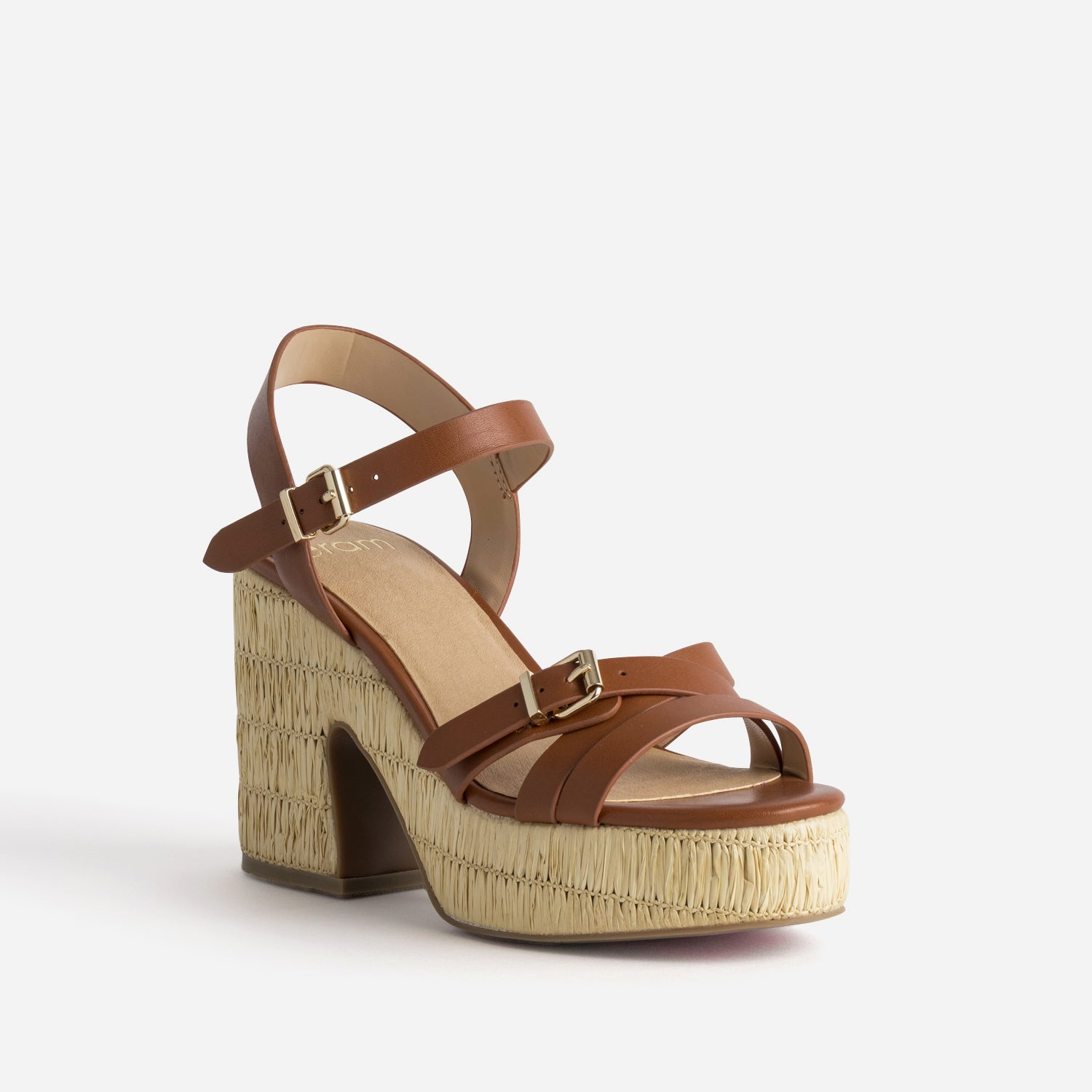 Sandales cognac cuir plateforme tressée