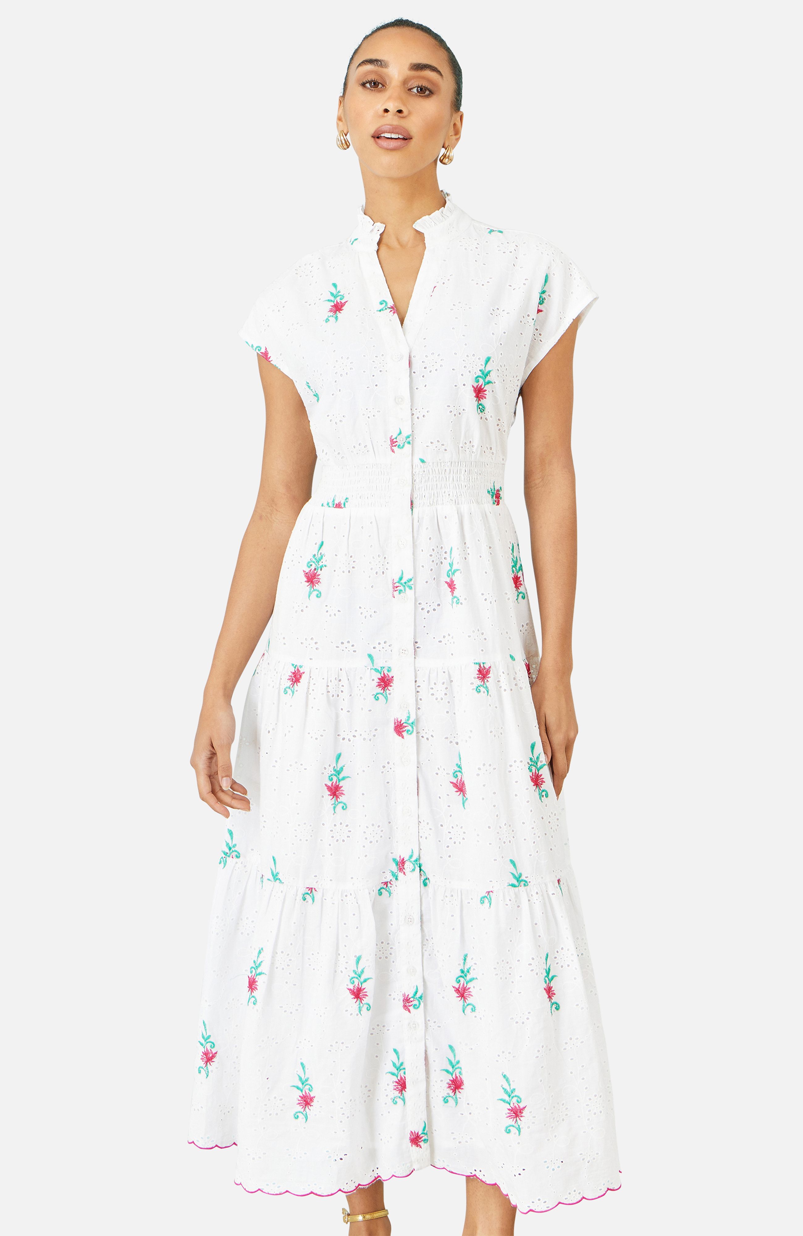 Yumi White Cotton Broderie Anglaise Embroidered Midi Dress