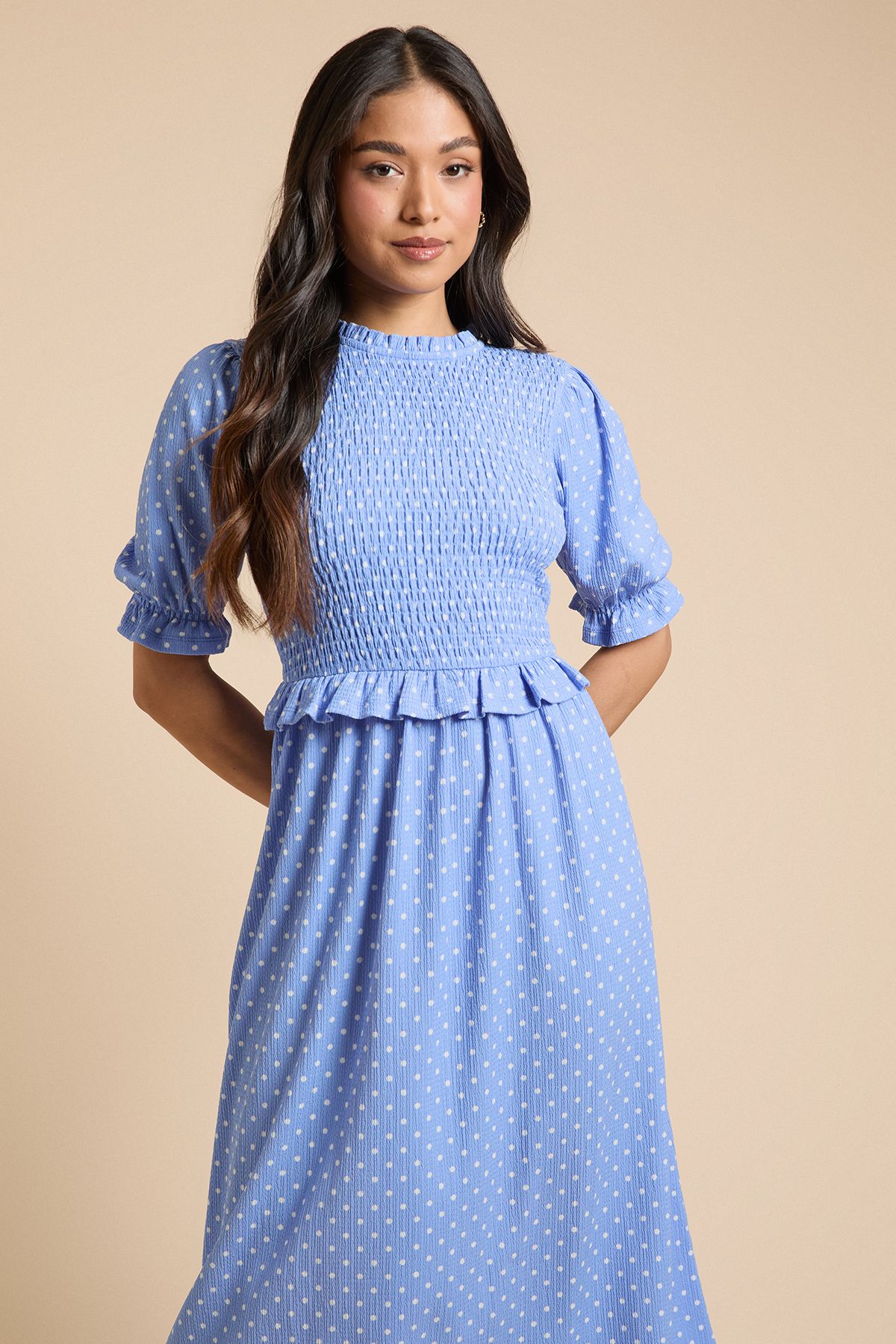 Dorothy Perkins Petite Puff Sleeve Blue Spot Shirred Bodice Peplum Midi Dress