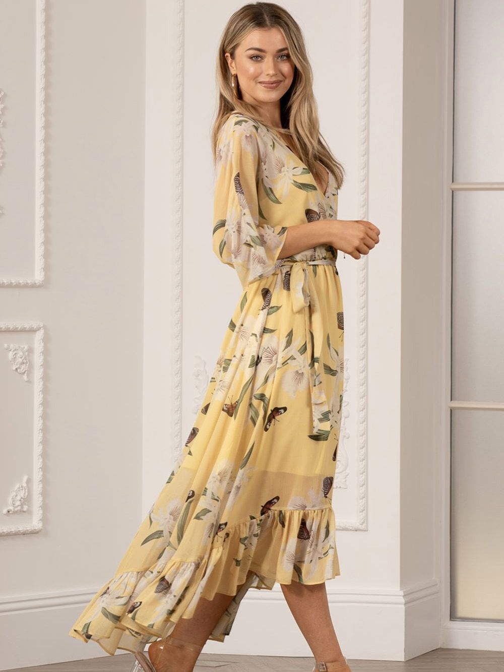 Yumi Yelloa Floral Kimono Sleeves Dip Hem Wrap Midi Dress