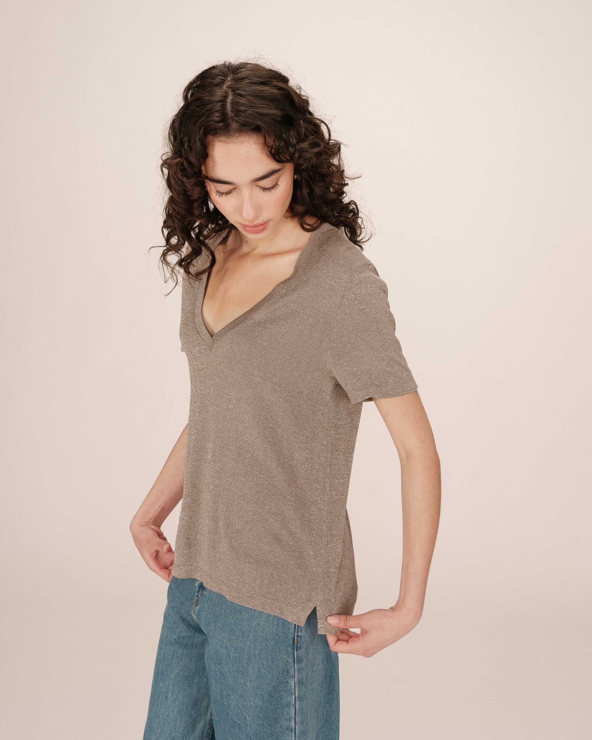 T-shirt col v en lurex greige Stardust