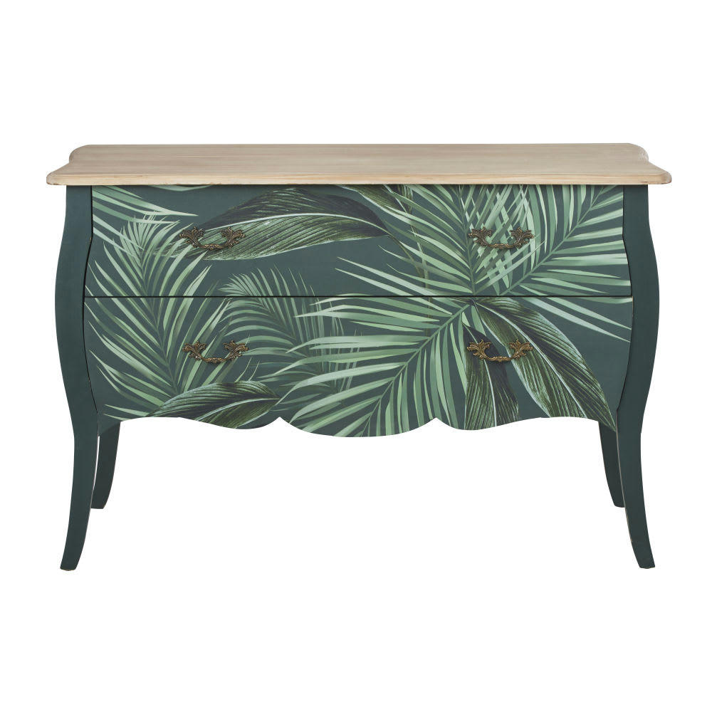 Bortolo - Commode 2 tiroirs en bois vert, imprimé feuilles 121x80