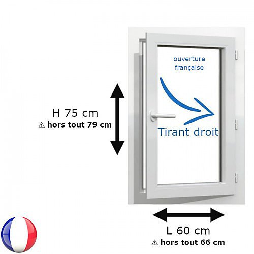 Fenêtre PVC 1 vantail H 75 x L 60 cm OF pour pose en neuf avec poignée - tirant droit