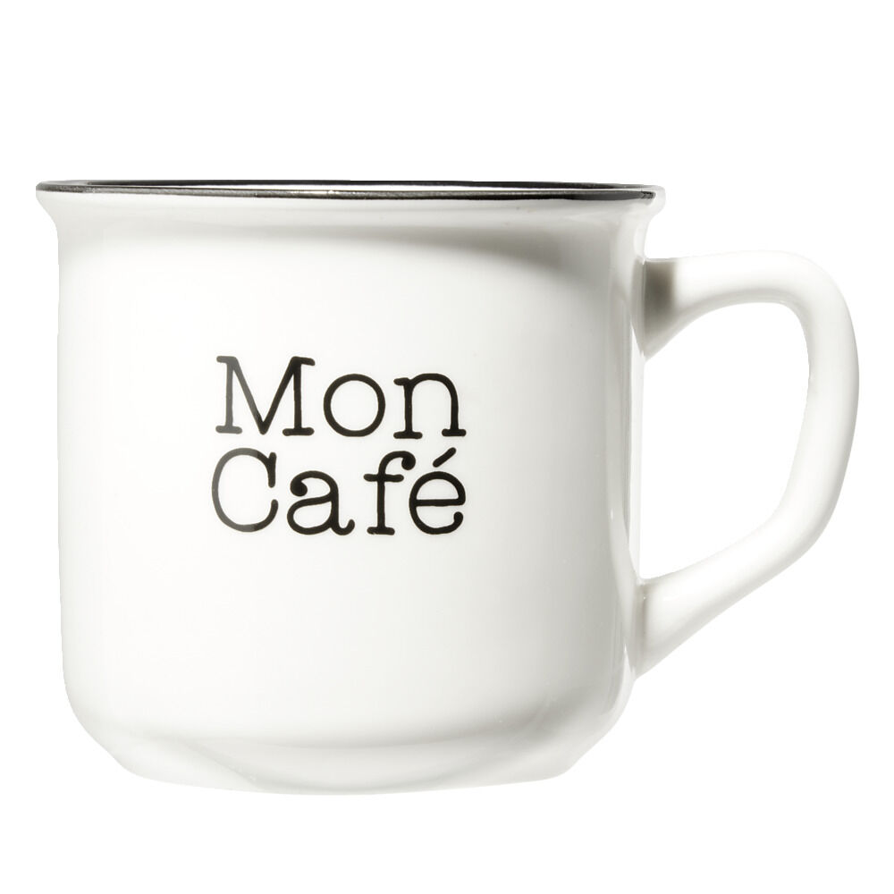 Mug café en porcelaine effet email blanc et bord noir Mon café 33cl H8,5cm