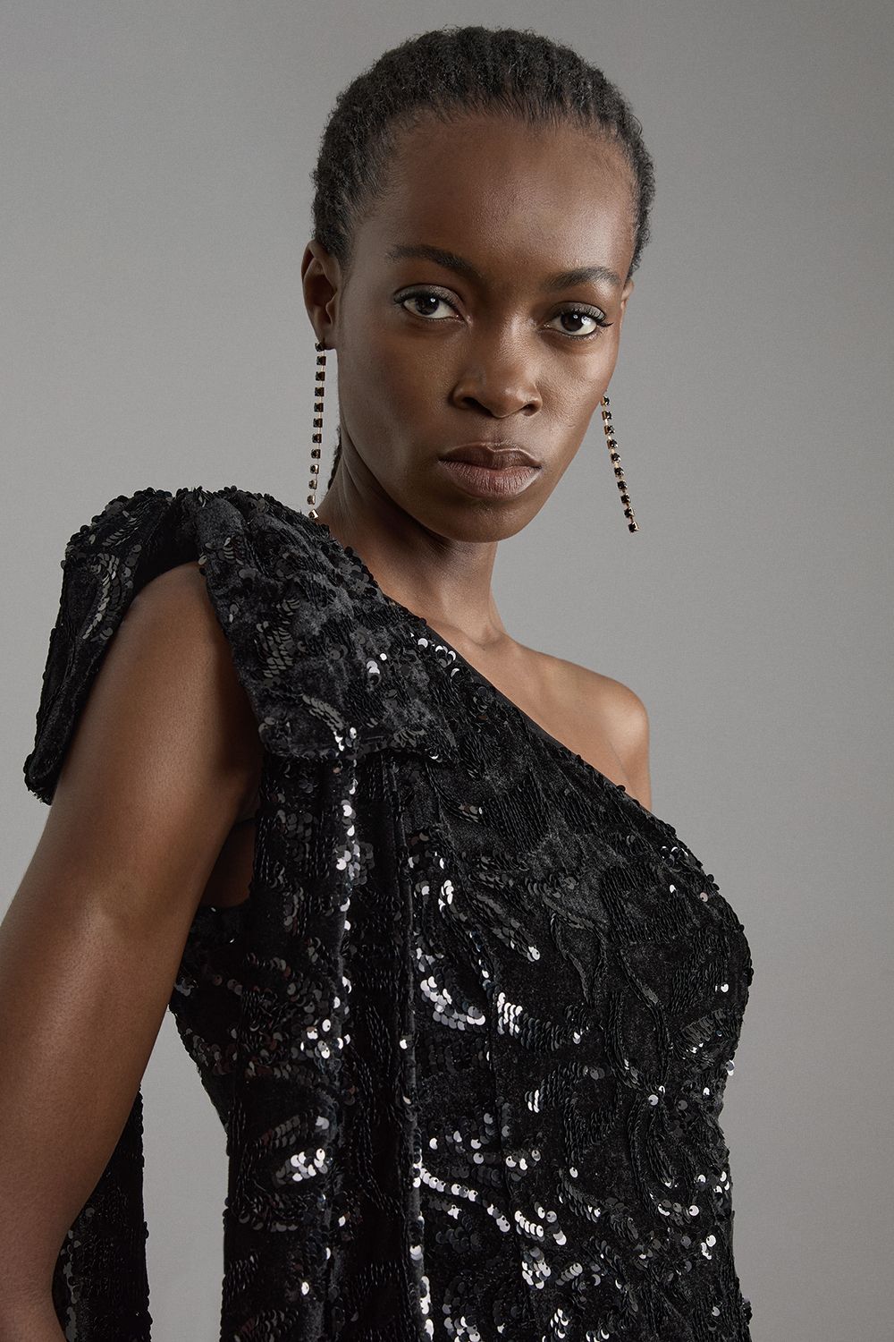KarenMillen Velvet Sequin One Shoulder Woven Maxi Dress