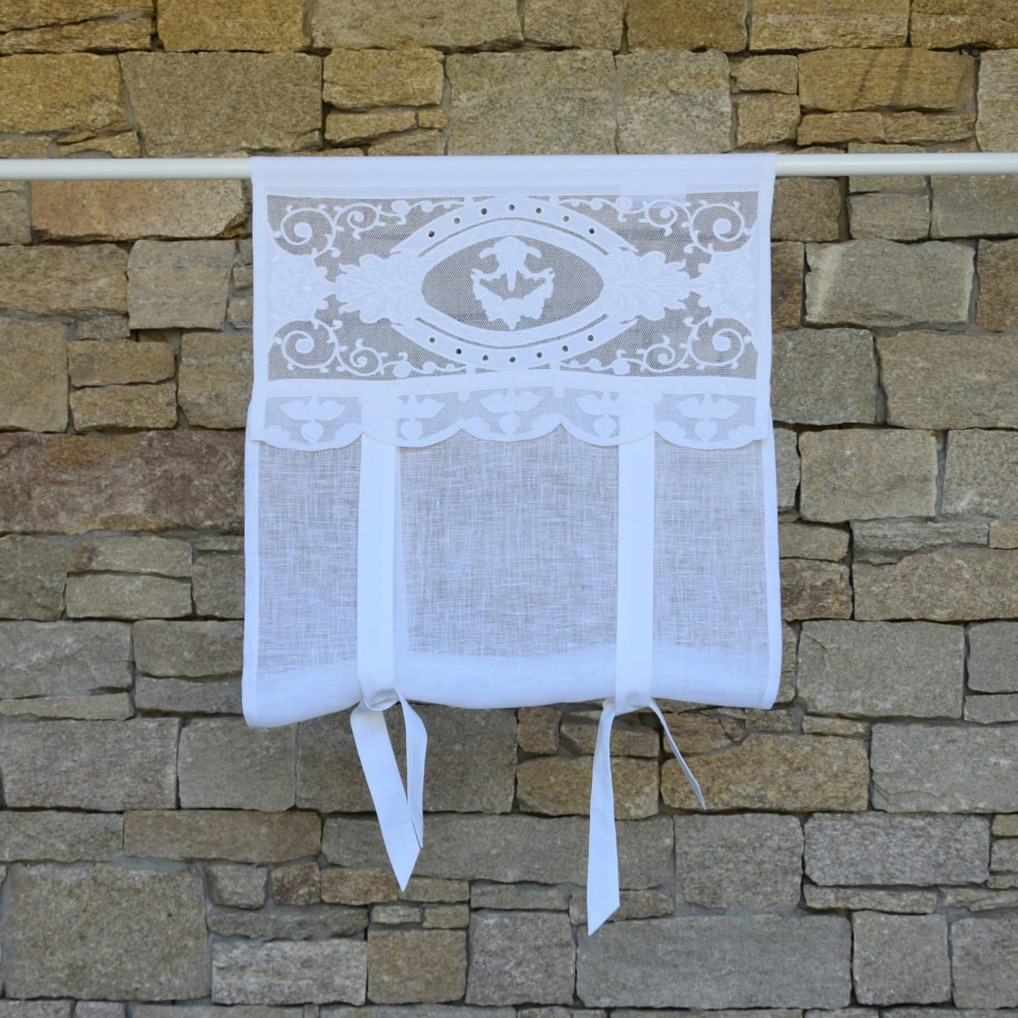 BERGERAC - Store en lin blanc et broderies 60X120 CM