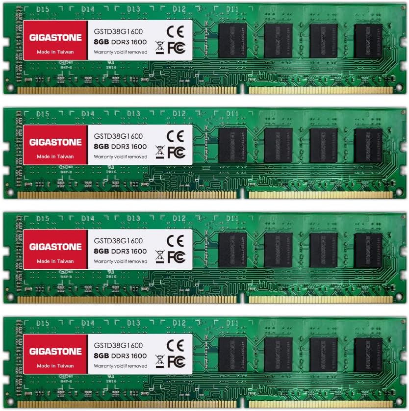 【DDR3 RAM】 GIGASTONE 32GB Kit (4x8GB) DDR3/DDR3L 1600MHz (1333MHz) PC3-12800 (PC3-10600) CL11 1.35V/1.5V 2Rx8 UDIMM 240 Pin Unbuffered Non ECC High Performance PC Desktop Memory Upgrade