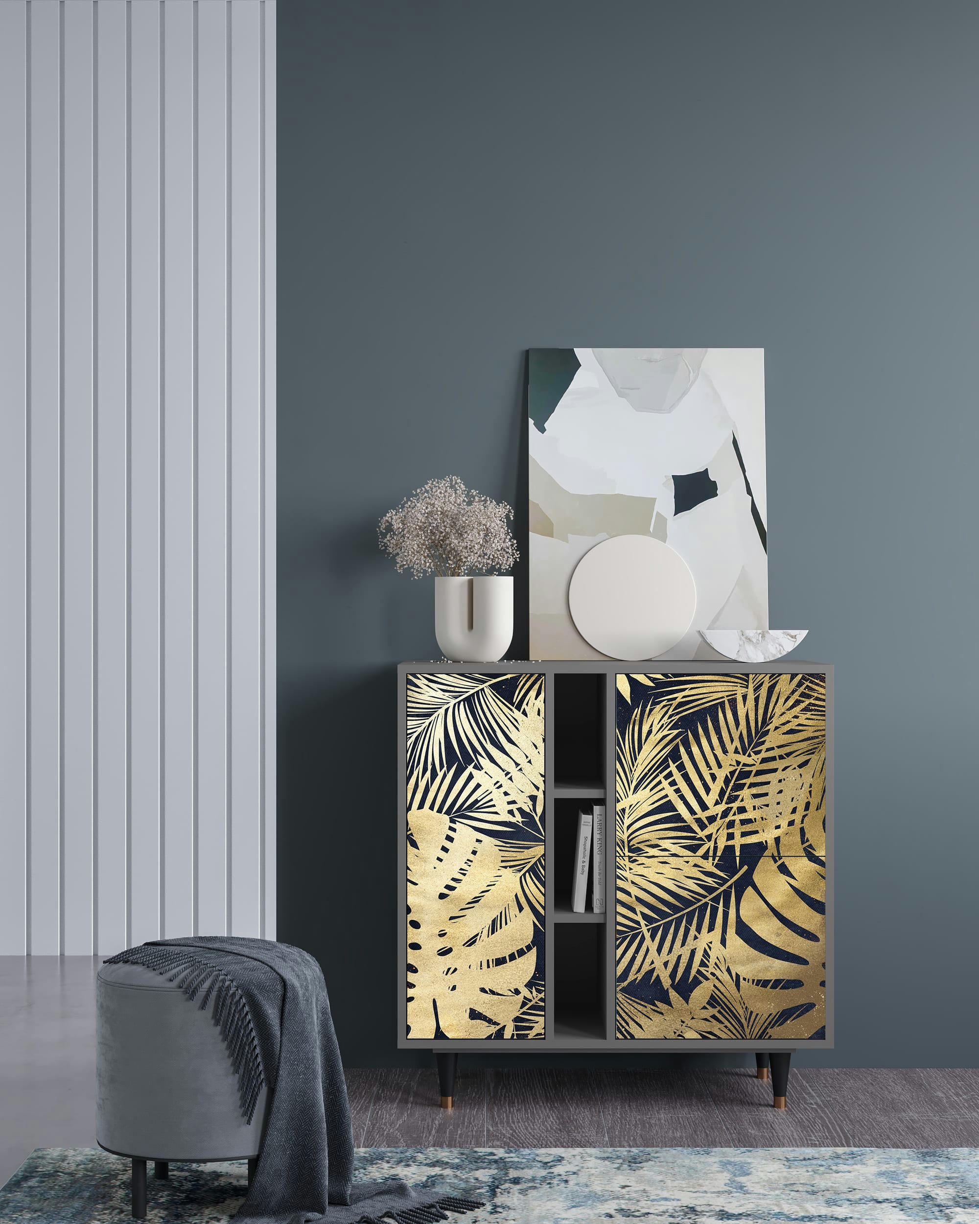 JUNGLE VIBES - Buffet  bleu et jaune 3 portes L 94 cm