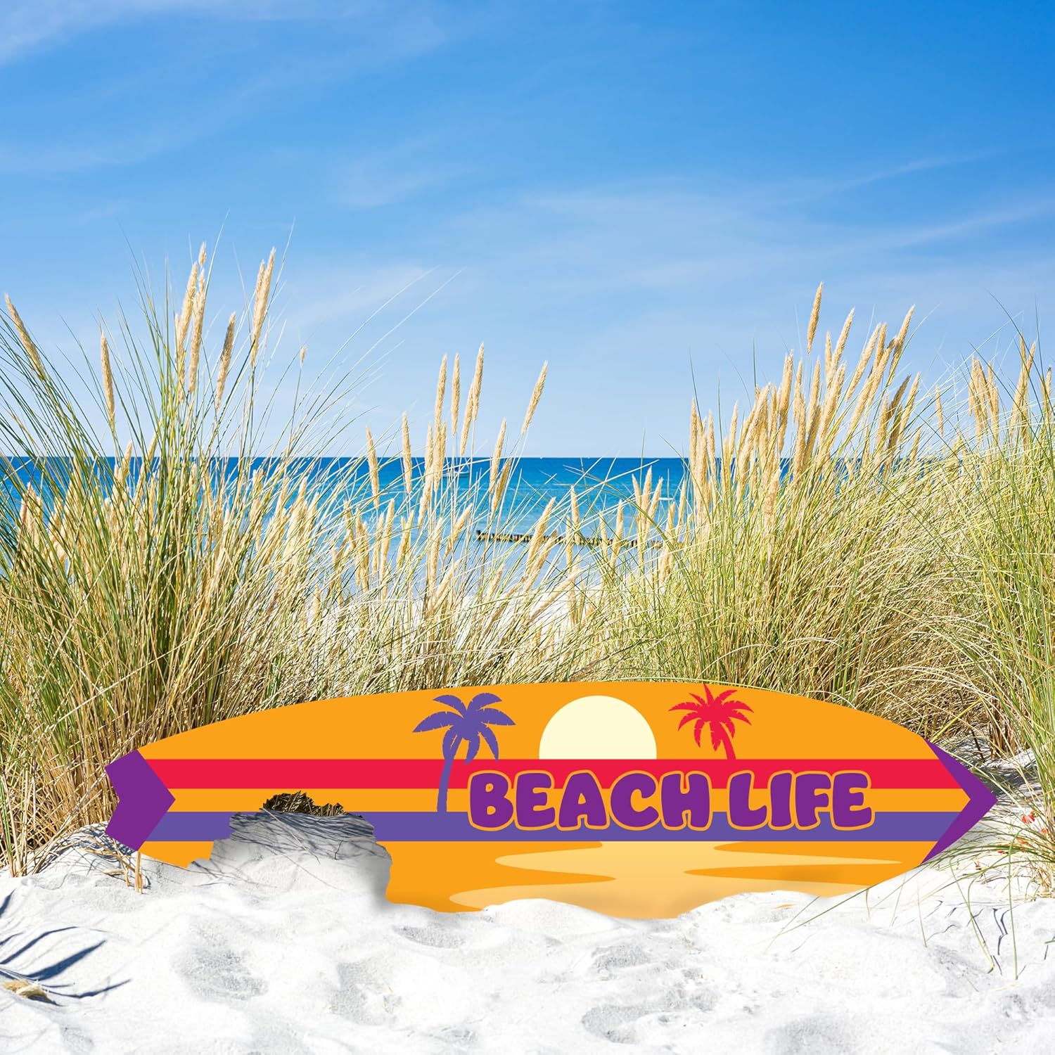 JennyGems Outdoor Beach Life Surfboard Wall Art with Shark Bite, Nautical Beach Decor, Surfboard Sign, Weather Resistant PVC, 3 Foot
