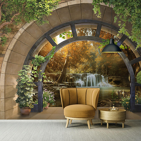 Papier Peint Intissé Panoramique 3D Cascade Nature Paysage Fenêtre 350x250 Colle Inclus - Chambre et Salon - Moderne Papier Peint