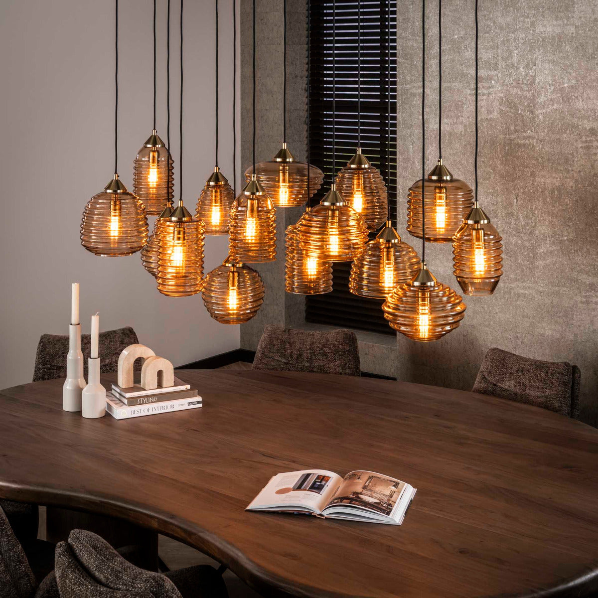 Fraaai - Dewey hanglamp 5+5+5 rib glas - amber color glas