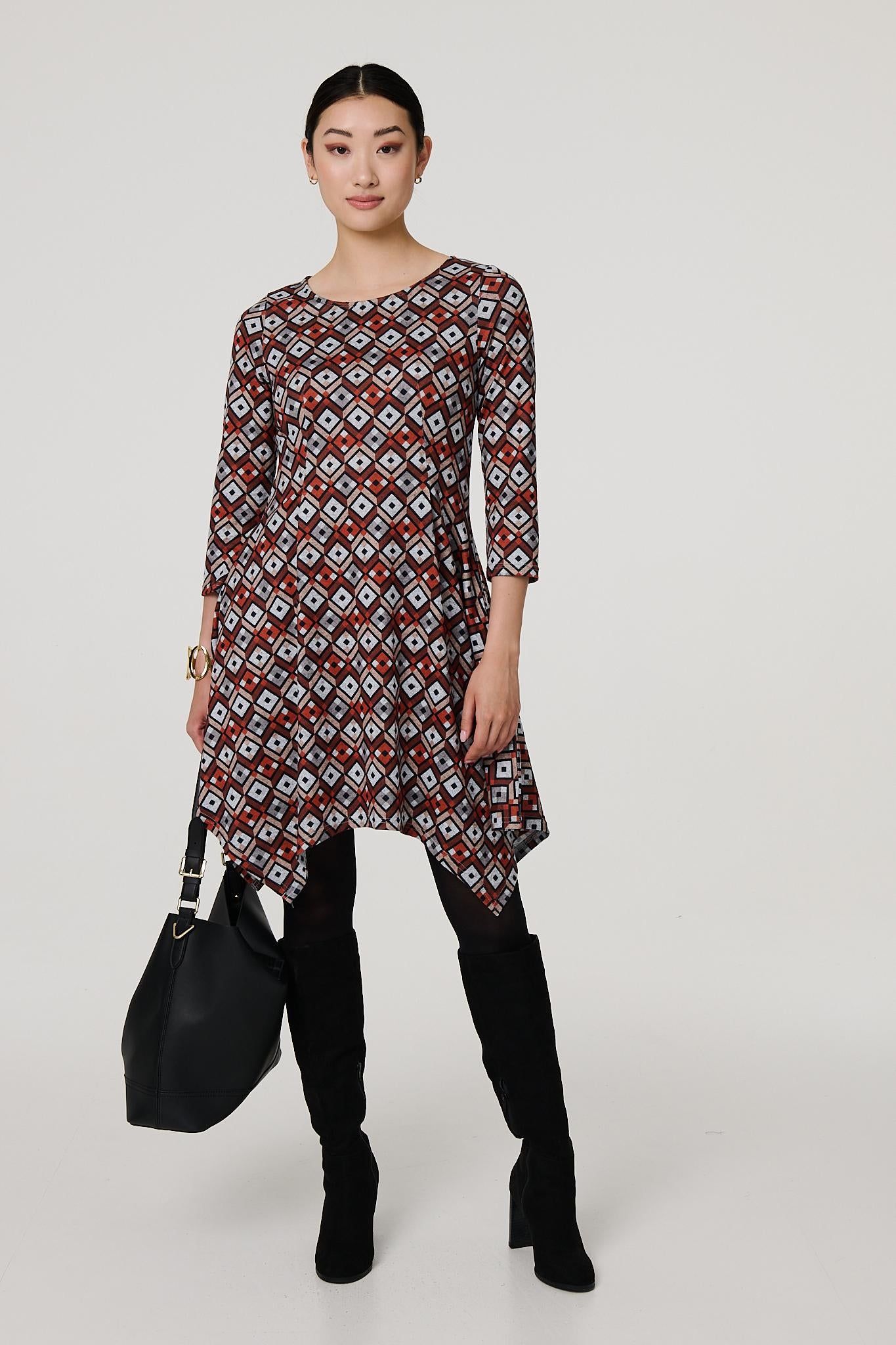 Izabel London Geo Print Hanky Hem 3/4 Sleeve Midi Dress