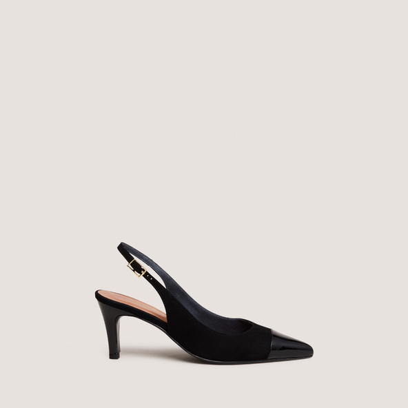 Escarpins slingbacksen vernis et velours noirs | DESTELLE