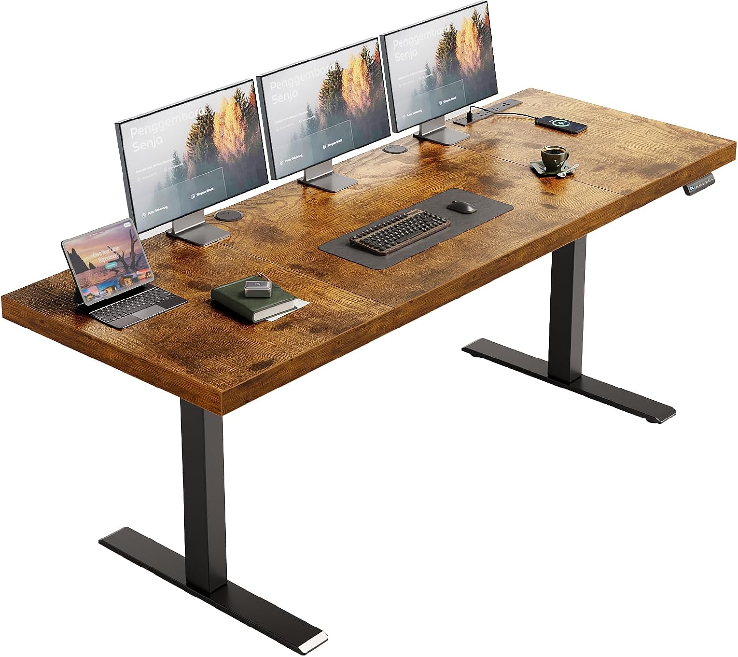 OffiGo 71 Inch Executive Electric Standing Desk, Height Adjustable Desk with Power Outlet & 1.38 Thick 3-Piece Desktop, Sit Stand Computer Desk for Home, Office, Conference Room, Rustic Brown