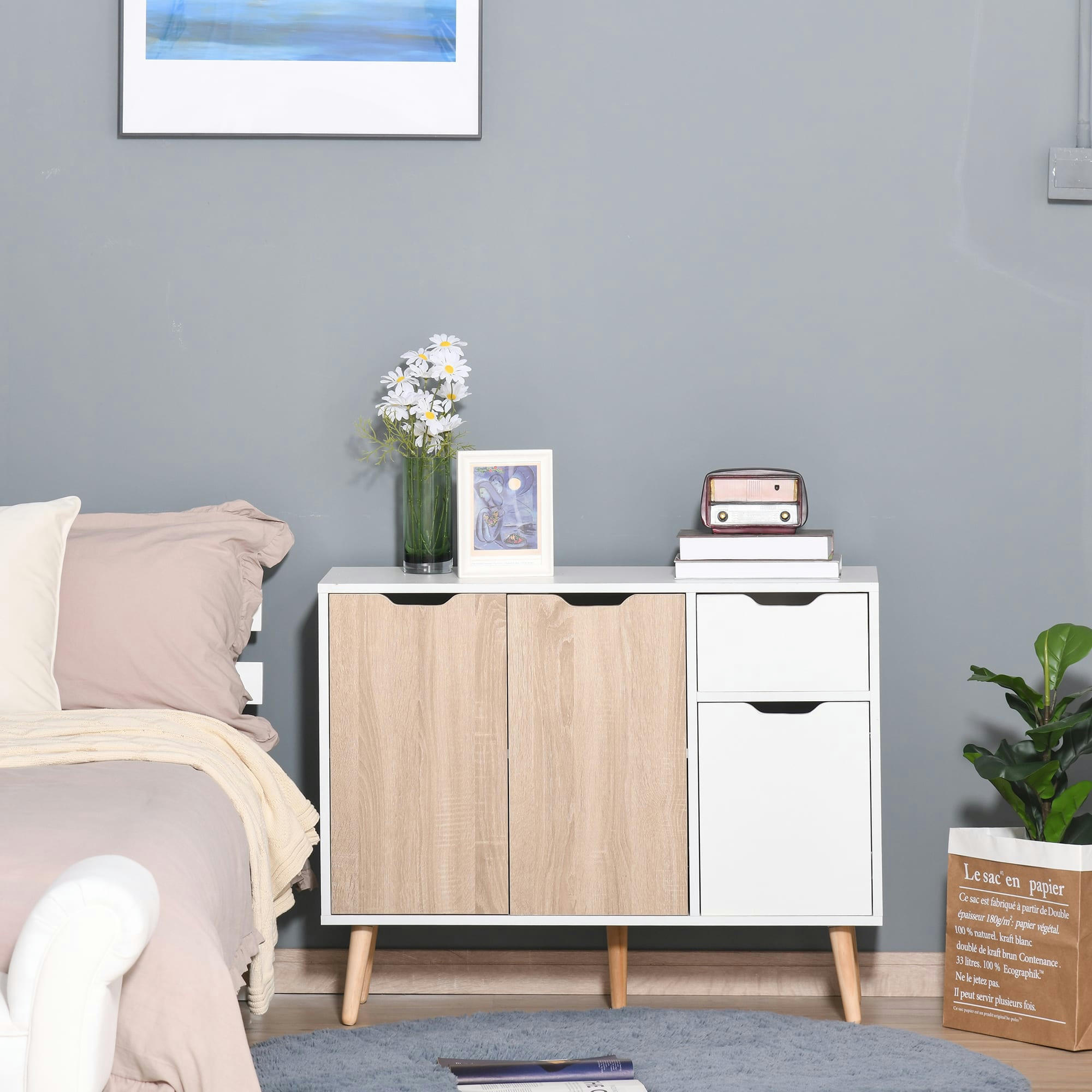 - Buffet design scandinave 2 placards tiroir bois pin blanc chêne clair