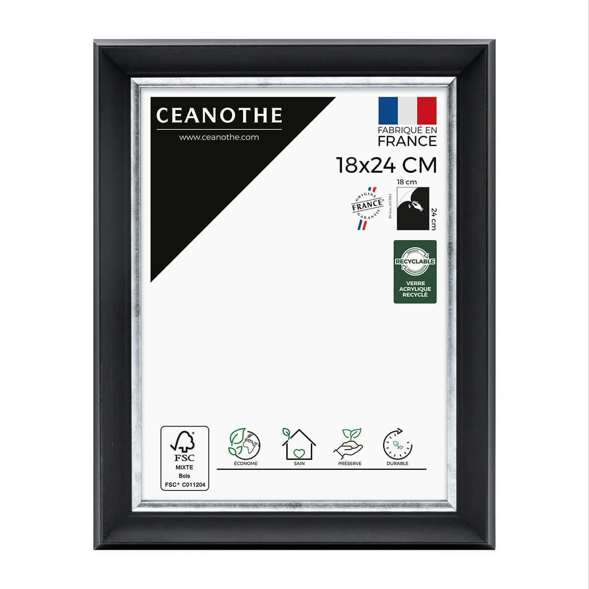 PANDORE - Cadre photo noir et finition argent 18x24 cm résine recyclée