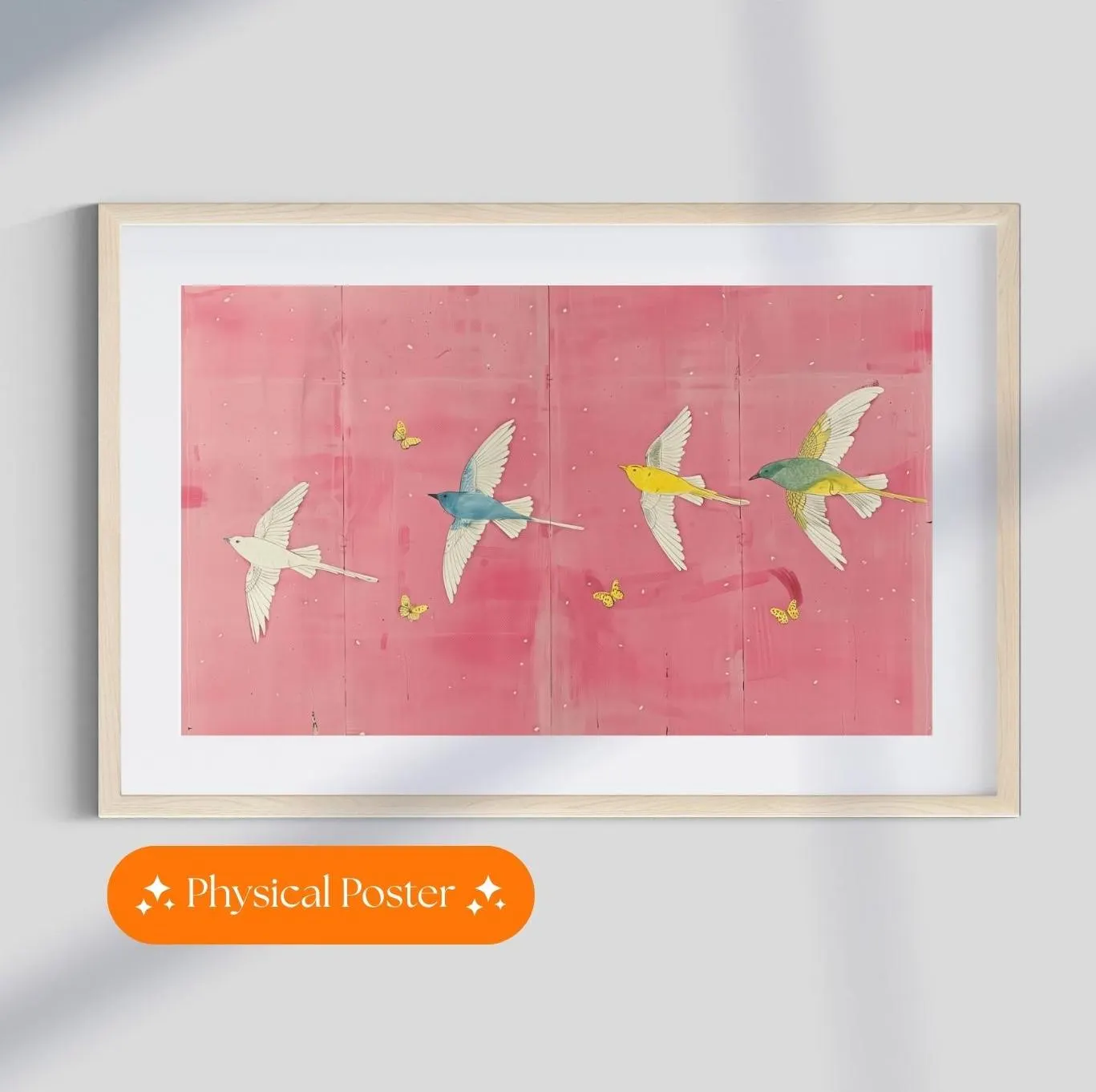 Pink Birds Butterflies Wall Art Print | Physical PosterGirl | Pink Apartment Decor
