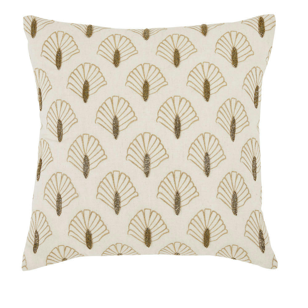KAIA - Coussin en coton et lin chinés motifs brodés dorés avec perles 45x45