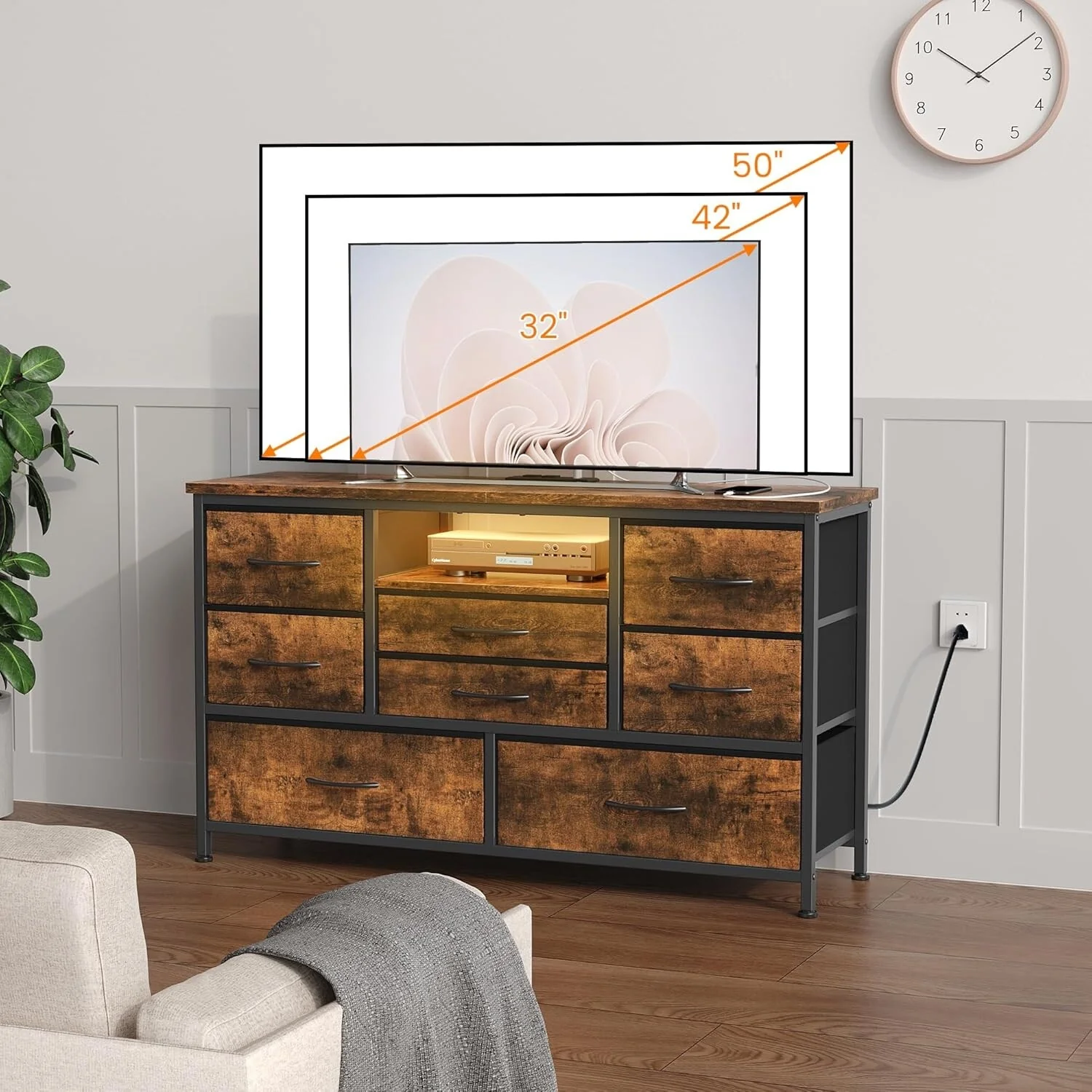 8 Drawers Dresser for Bedroom with Power Outlet & LED for 55'' TV Stand
