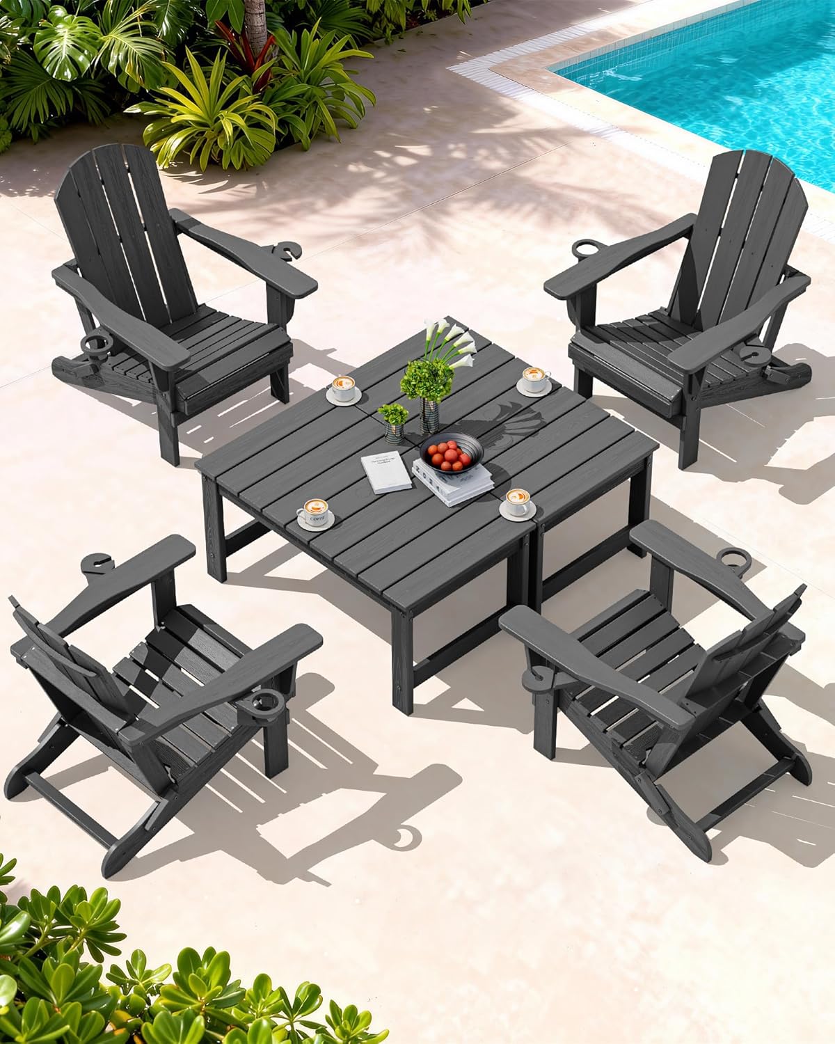 SERWALL Outdoor Coffee Table with 1.69 Umbrella Hole, HDPE Patio Coffee Table for Outside, Rectangle, Gray
