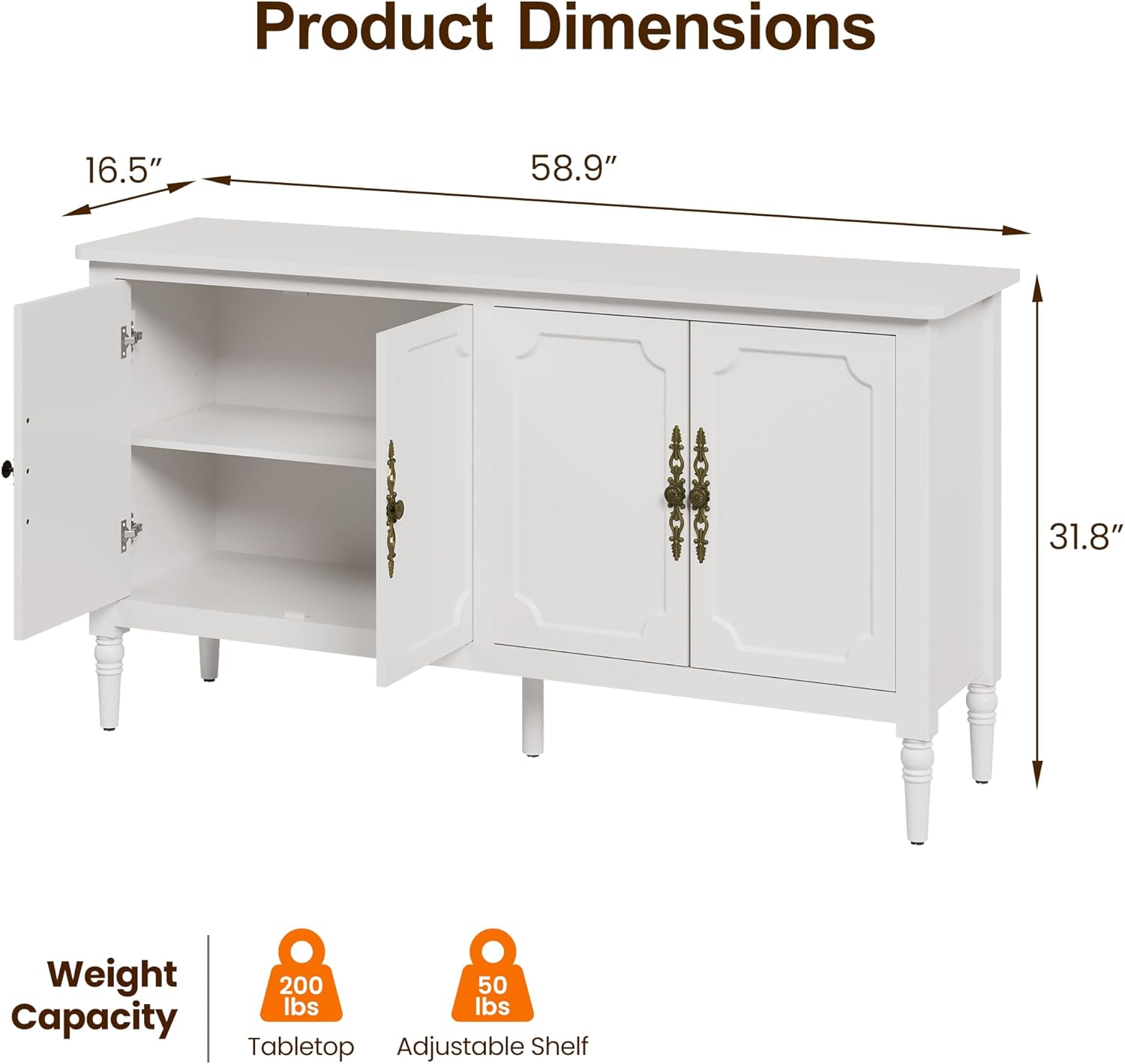 RoyalCraft 59 Buffet Cabinet with Storage, Vintage Sideboard with Adjustable Shelves & Carved Handle, Mid Century Modern Painted Credenza Coffee Bar for Kitchen, Dining Room, Satin White