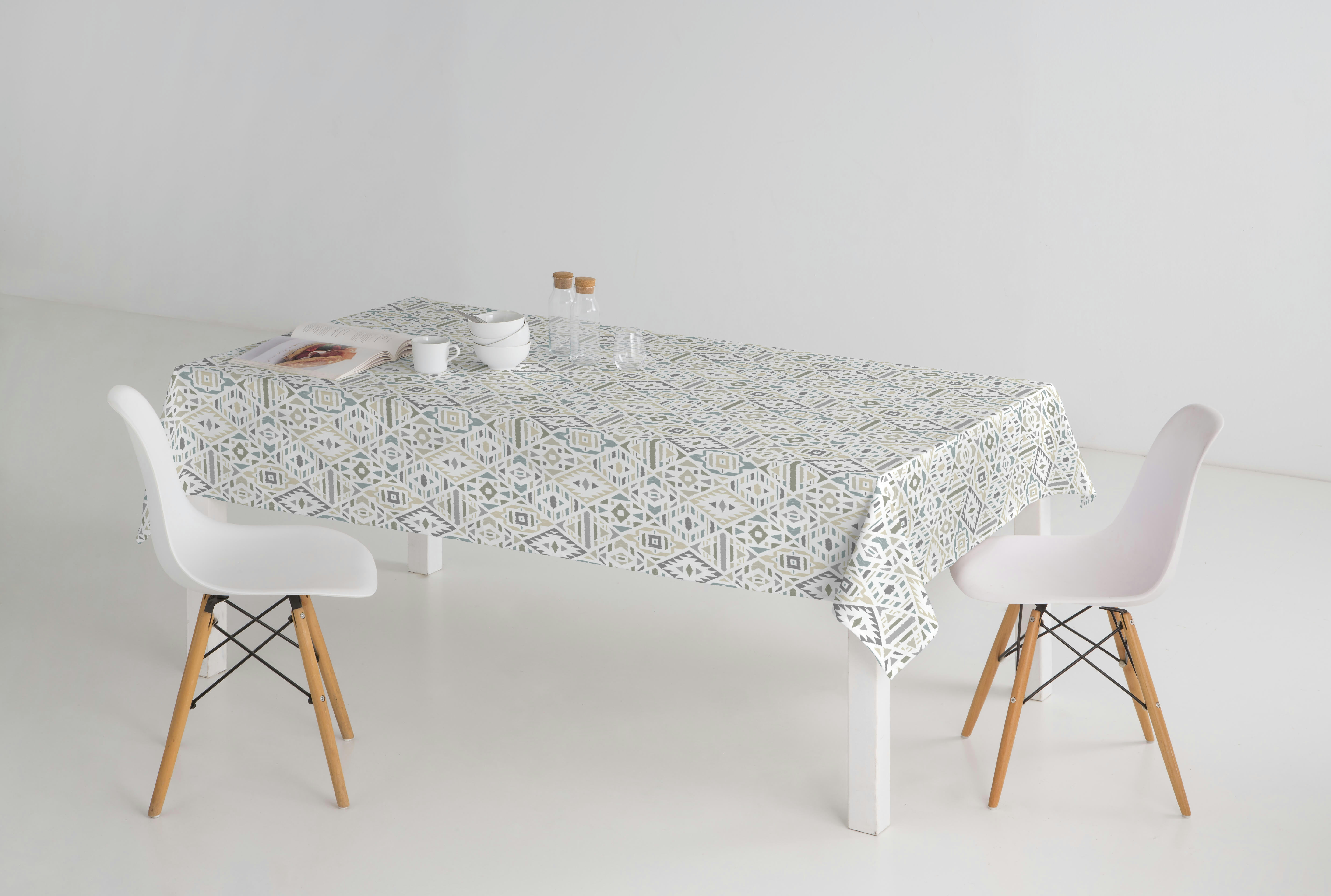 VETA BEIGE - Nappe imprimée beige avec traitement anti-taches en coton 140x140 cm