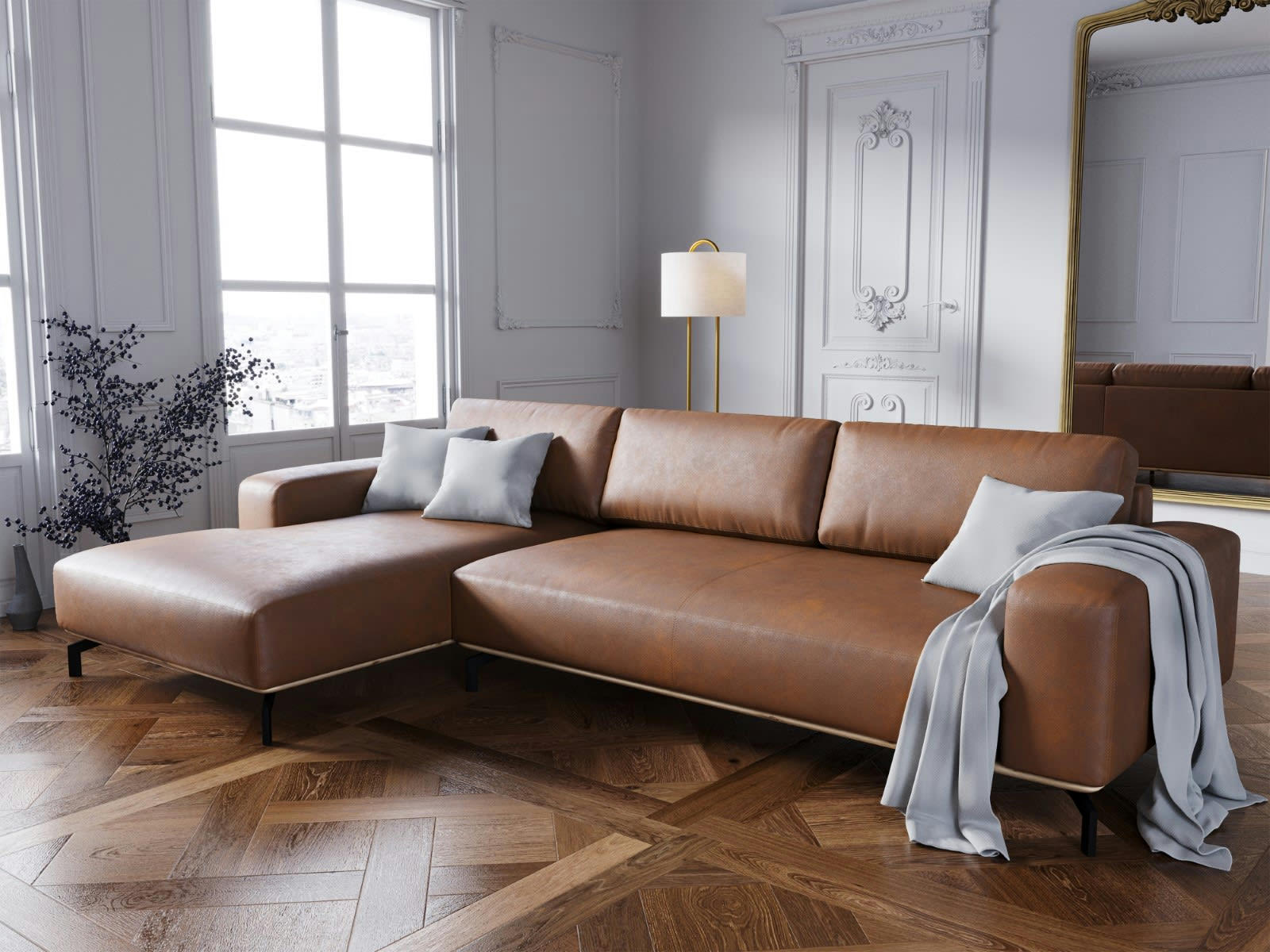 MARC - Canapé D'Angle Gauche 5 places en Cuir Véritable Marron