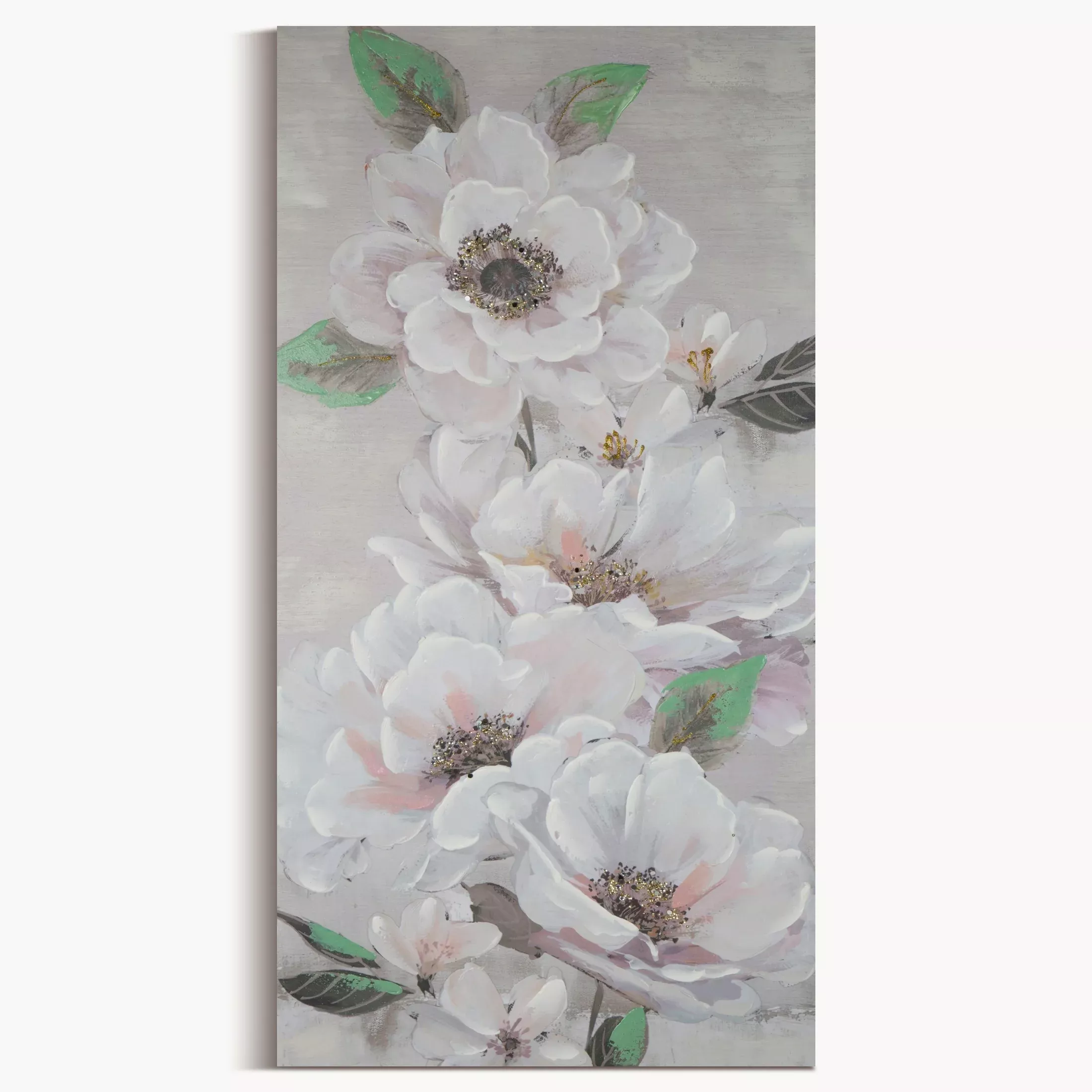 Obraz roślinny beżowo, zielony malowany ręcznie na płótnie 60x120 cm FLOWERY