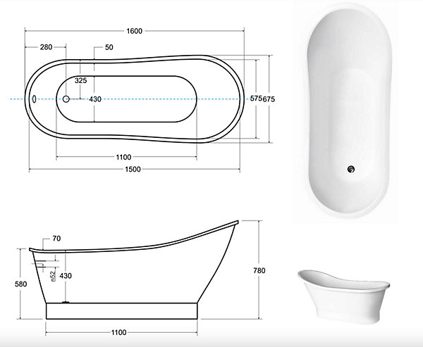Baignoire îlot GLORIA GLAM SILVER - 160 x 68 cm