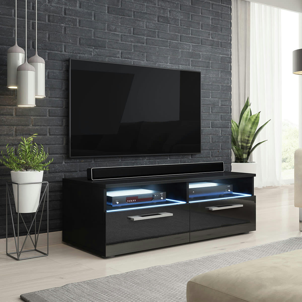 - Meuble tv 2 portes 100 cm avec led noir