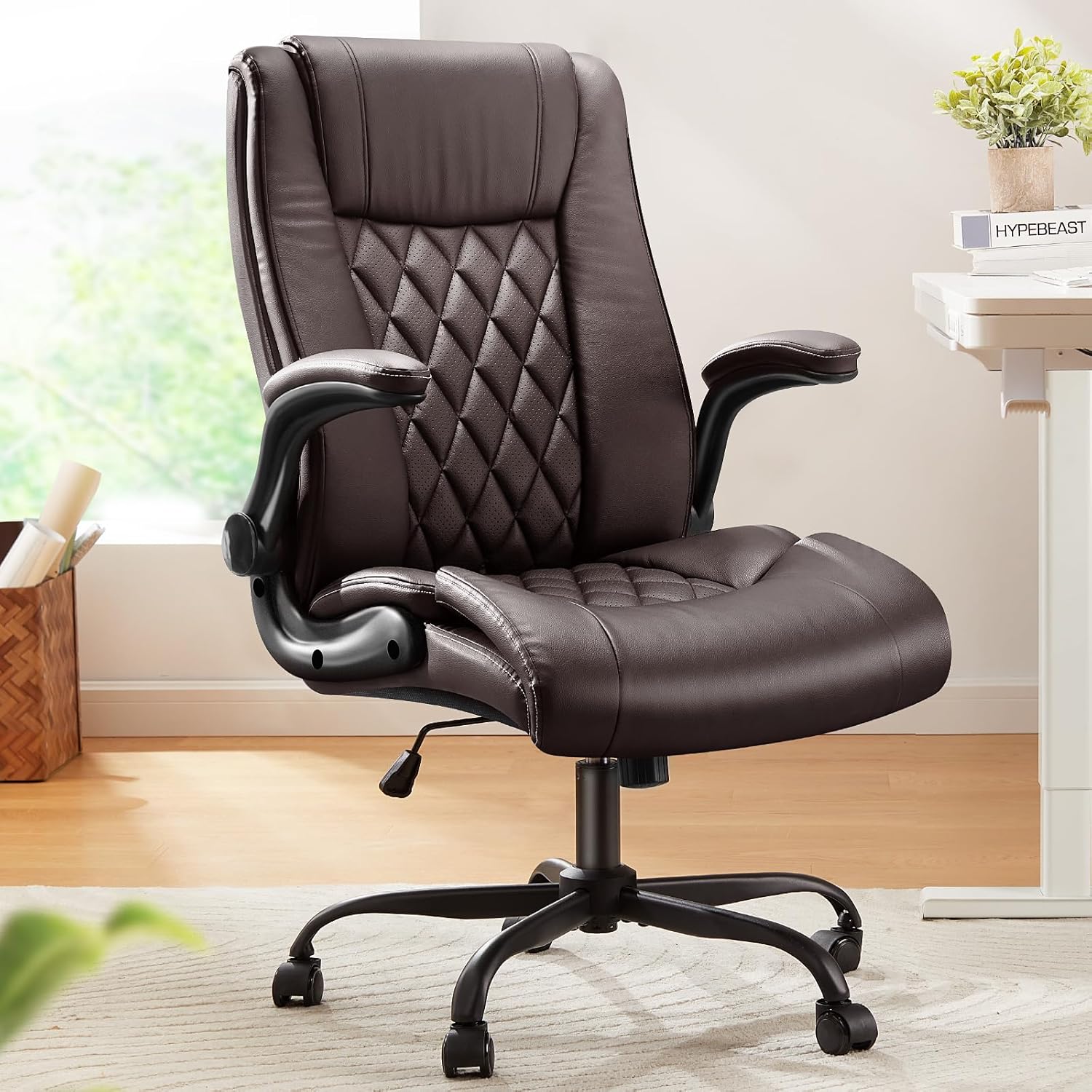 Marsail Executive Office Chair with Flip-up Armrests,PU Leather Ergonomic Desk Chair Height-Adjustable Swivel Rolling Desk Chair