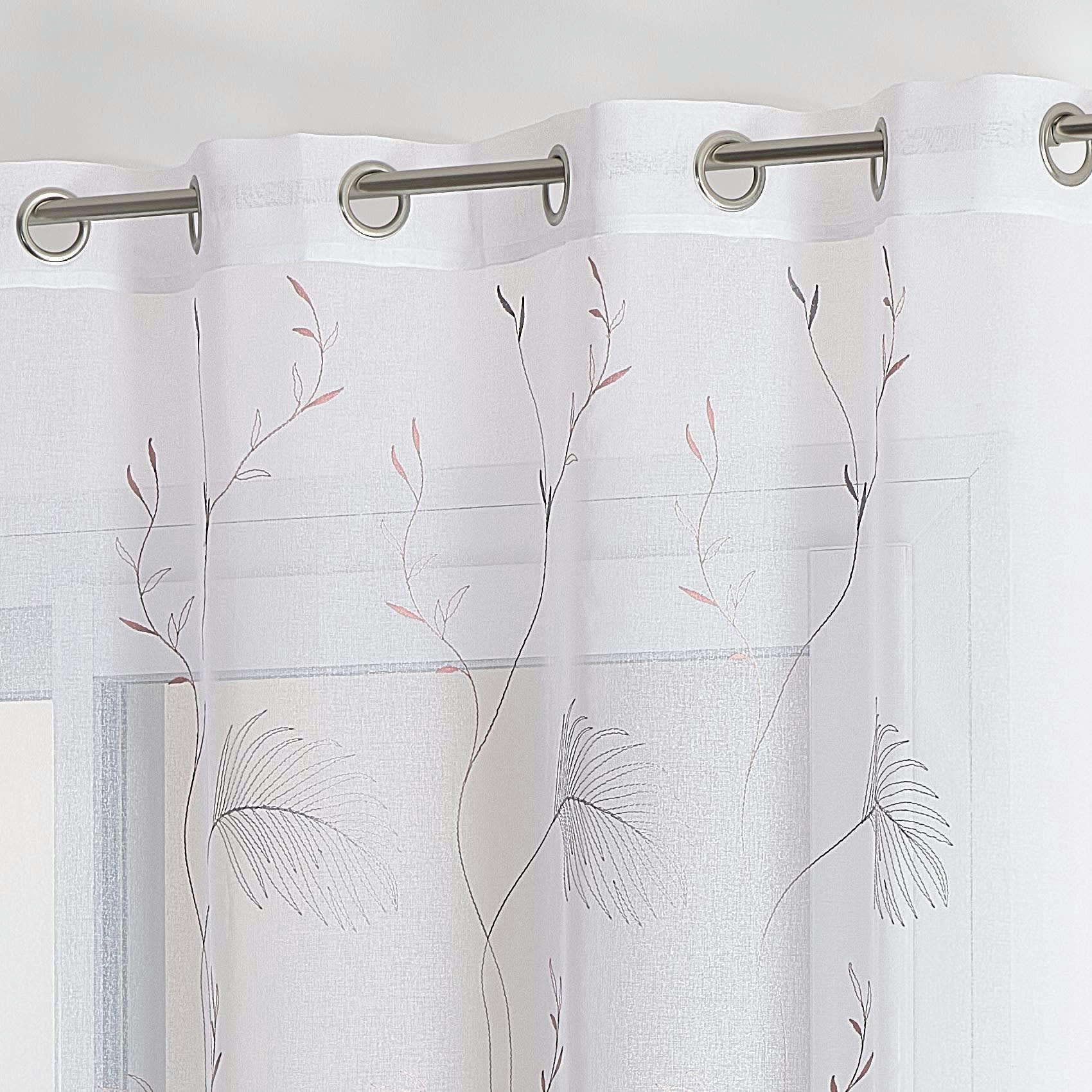 - Voilage nature en étamine brodée polyester rose clair 140x240 cm