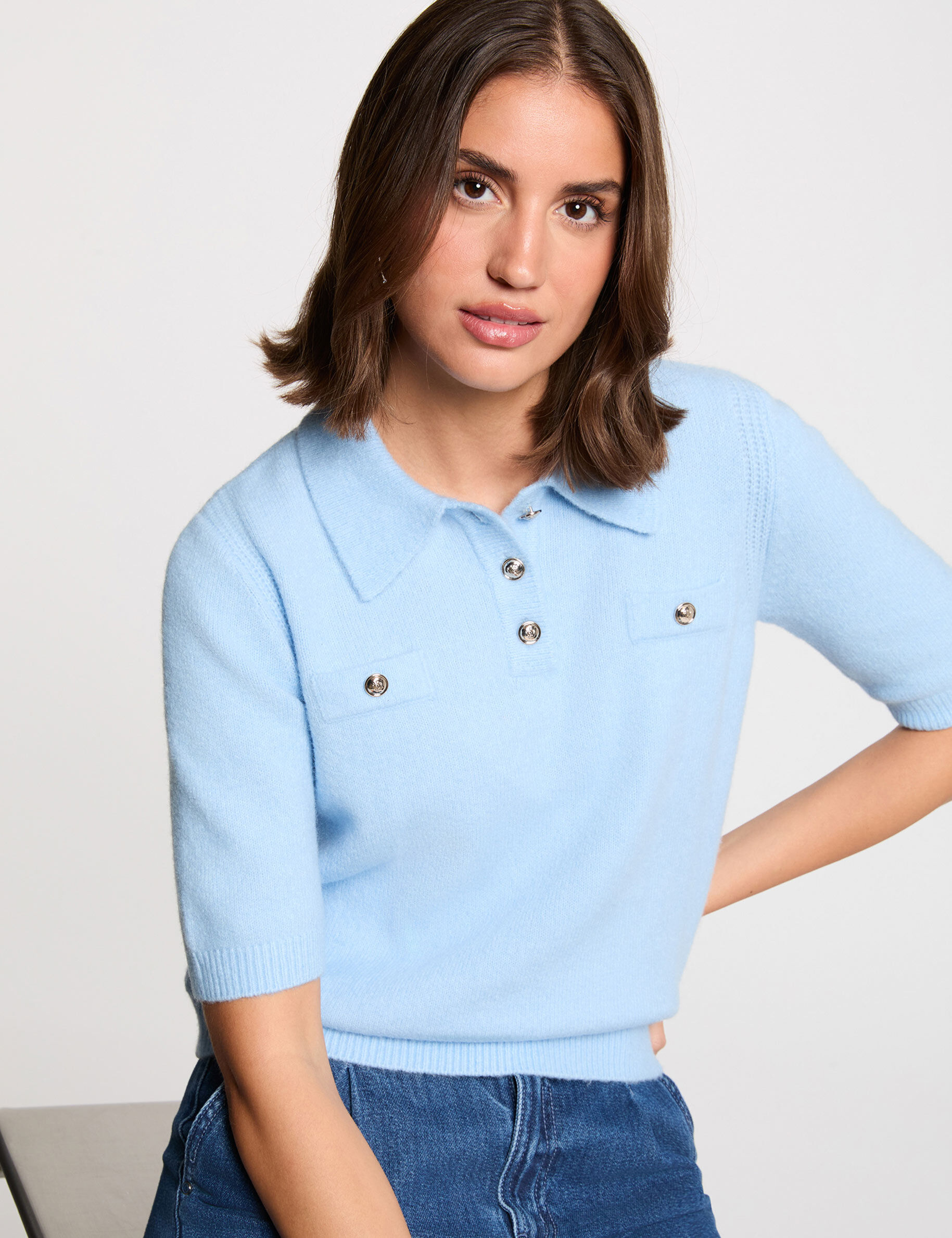 Fitted Sweater With Folded Collar Light Blue Women