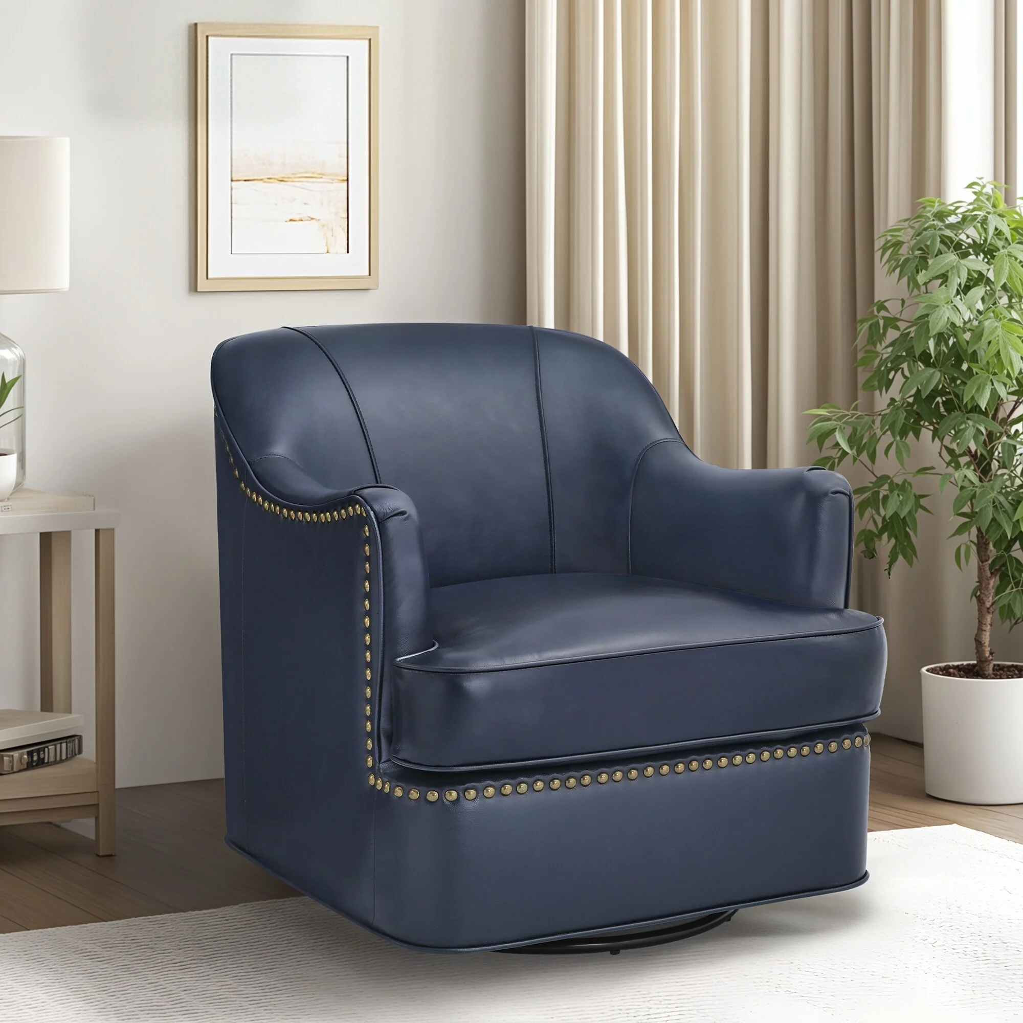 Genuine Leather Swivel Upholstered Accent Barrel Chair with Metal Base for Living Room