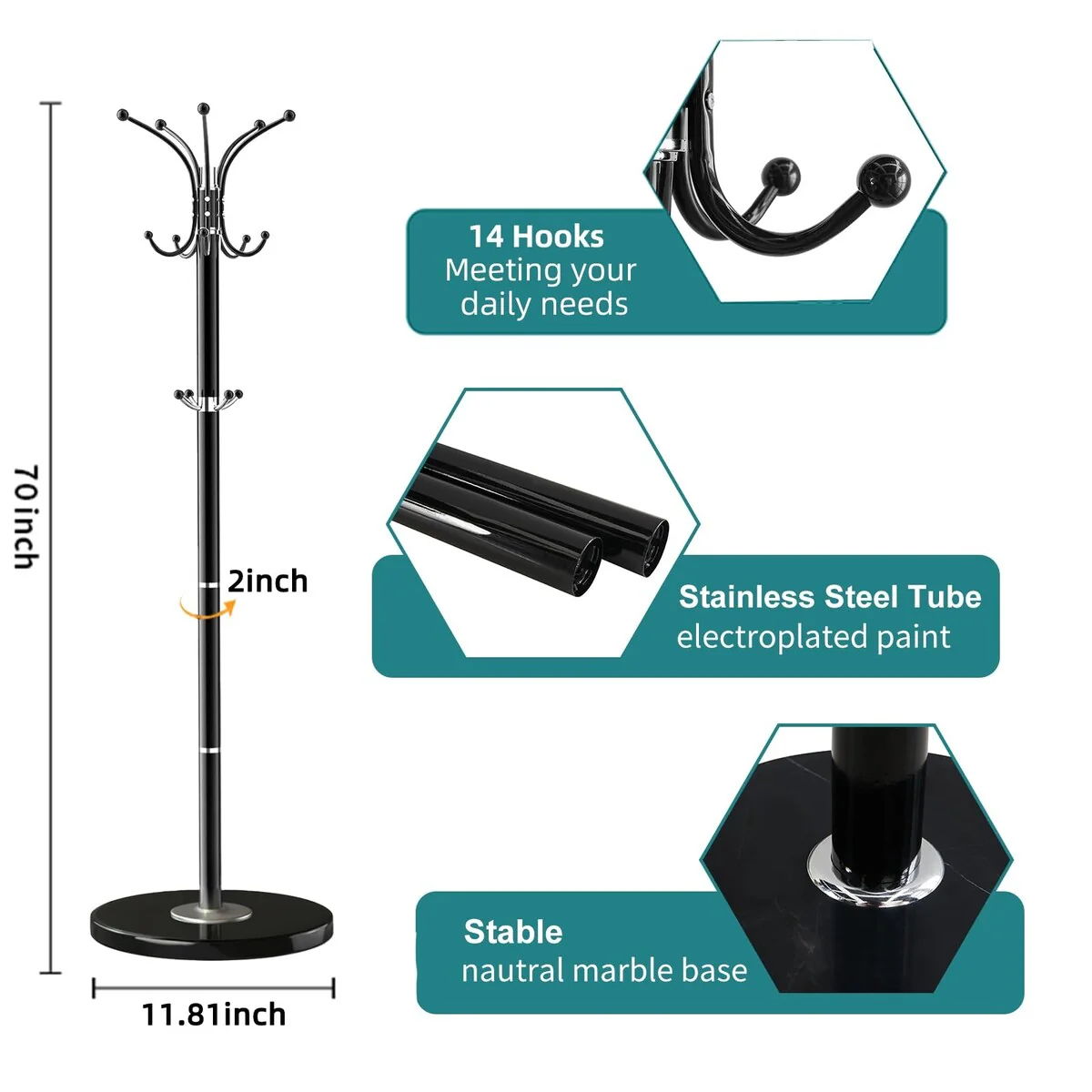 Coat Rack with Natural Marble Base, Metal Freestanding Coat Rack with 14 Hooks, Coat Rack Stand for Hanging Scarf, Bag