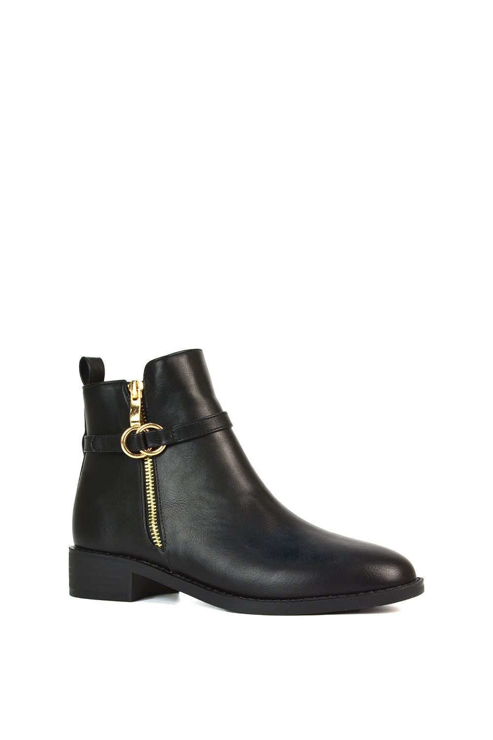 XY London Lorna' Flat Low Heel Ankle Booties With Decorative Buckle and Zip