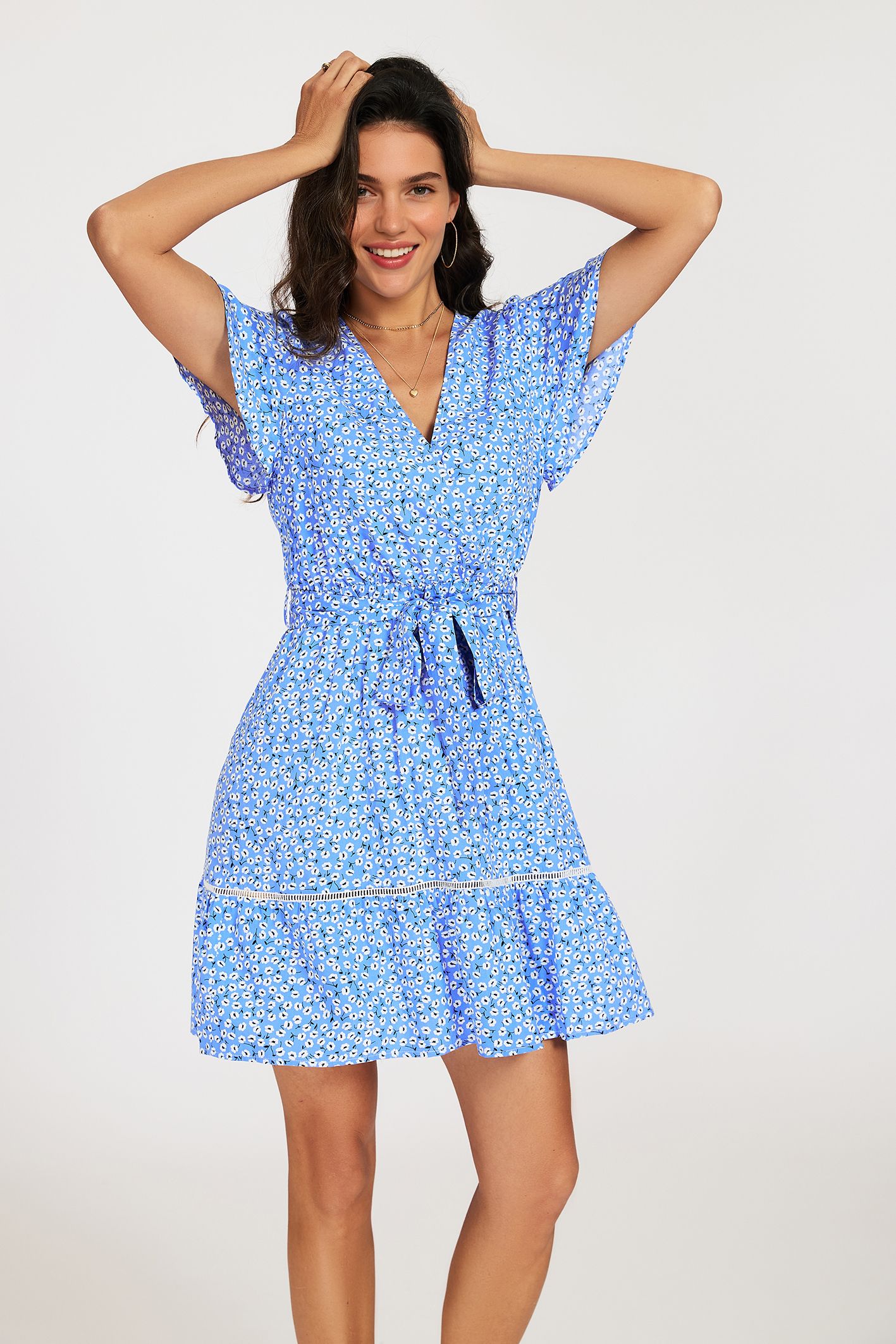 FS Collection Floral Wrap Front Mini Dress with Lace Trim Hem