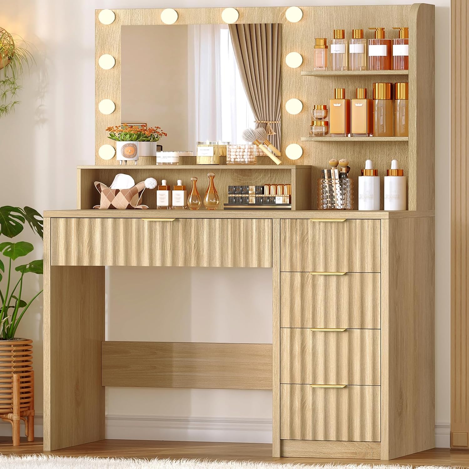 Vanity Desk with Mirror and Lights, Makeup Vanity with 5 Drawers & Storage Shelves, 3 Color Modes & Adjustable Brightness, Fluted Vanity for Girls, Natural