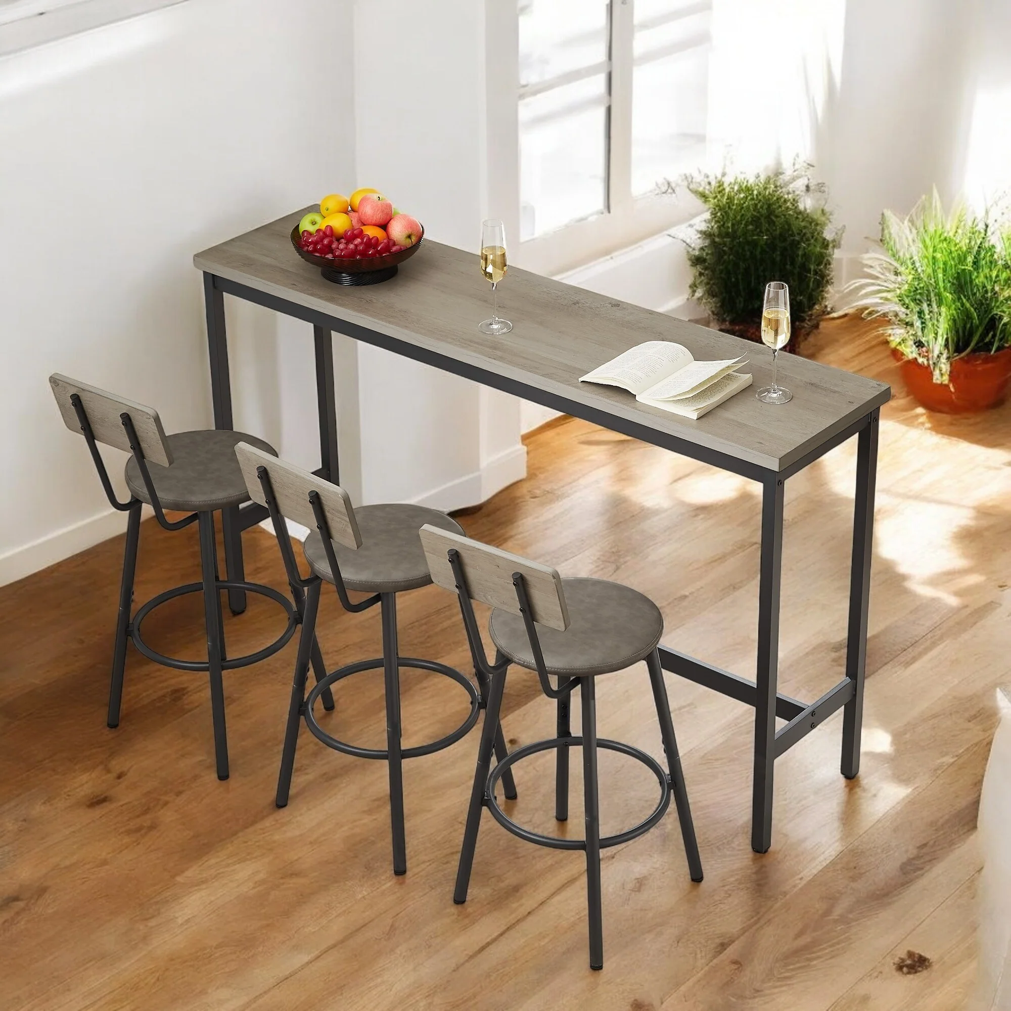 Industrial 63 Bar Table Set with 3 PU Upholstered Stools, Modern Breakfast Table for Kitchen, Living Room, or Banquet Hall