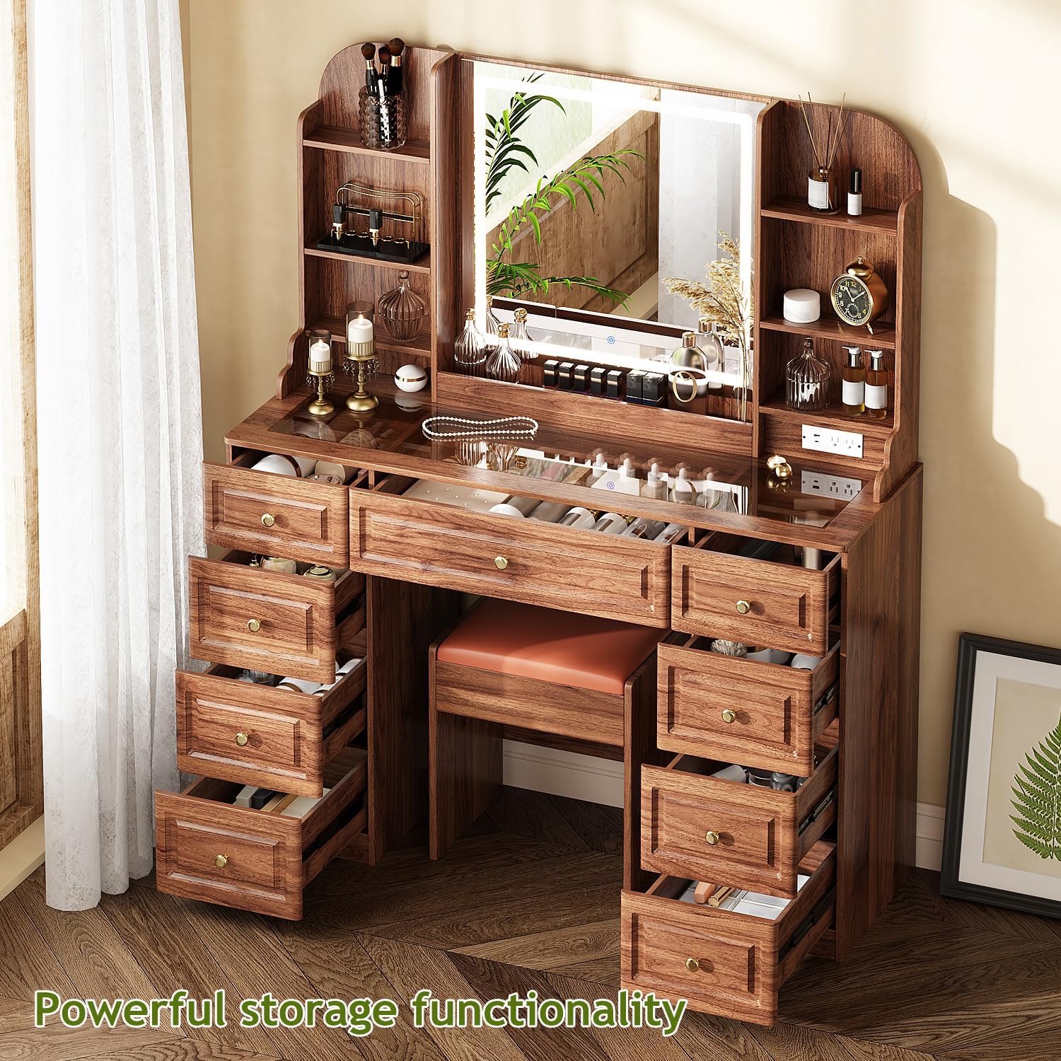 43 Makeup Vanity Desk with Mirror and Lights, & Power Outl, Glass Top Big Vanity Table with 9 Drawers& 8 Storage Shelves, Dressing Table Set with Chair for Bedroom, Brown