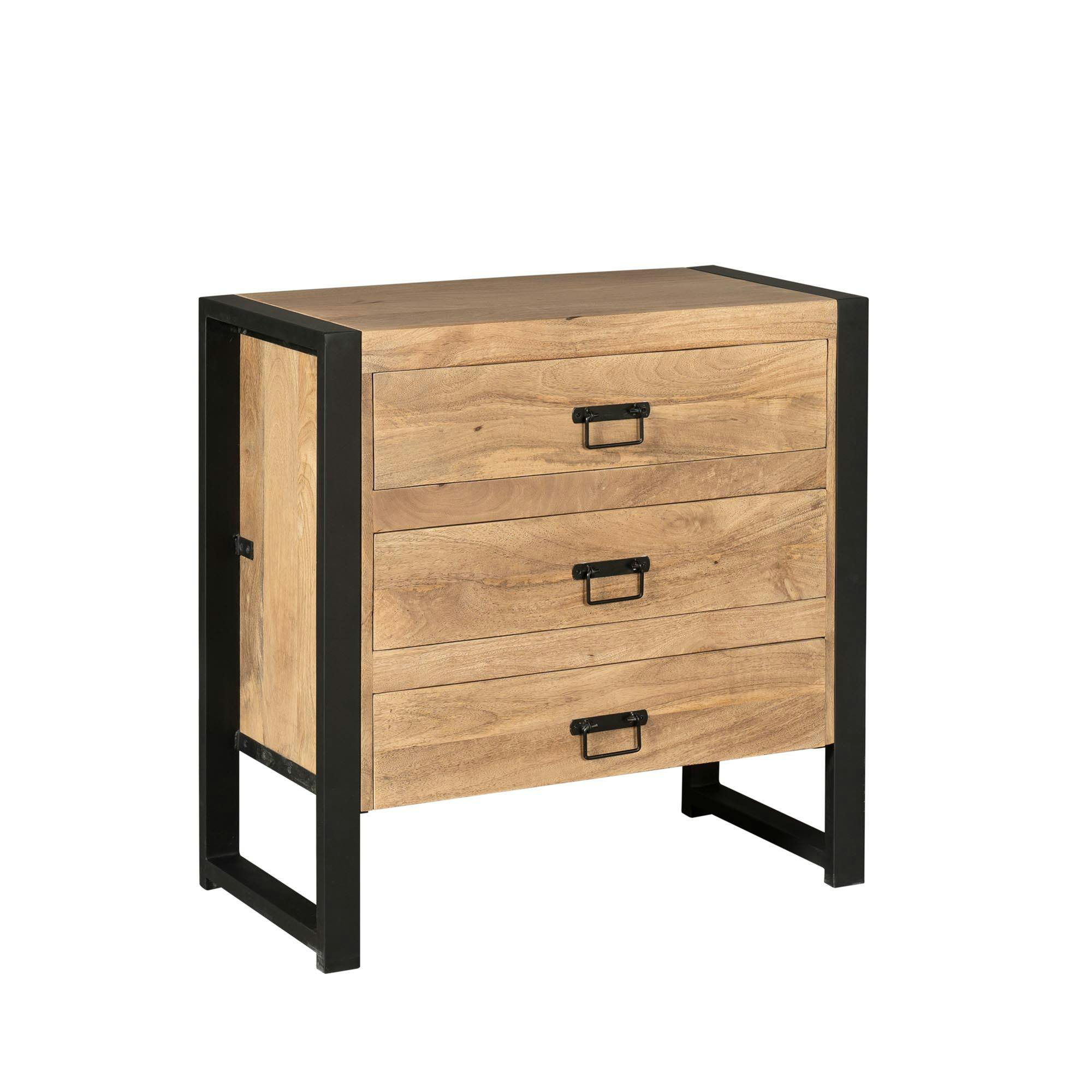 Petite commode 3 tiroirs bois clair et métal noir MILORA